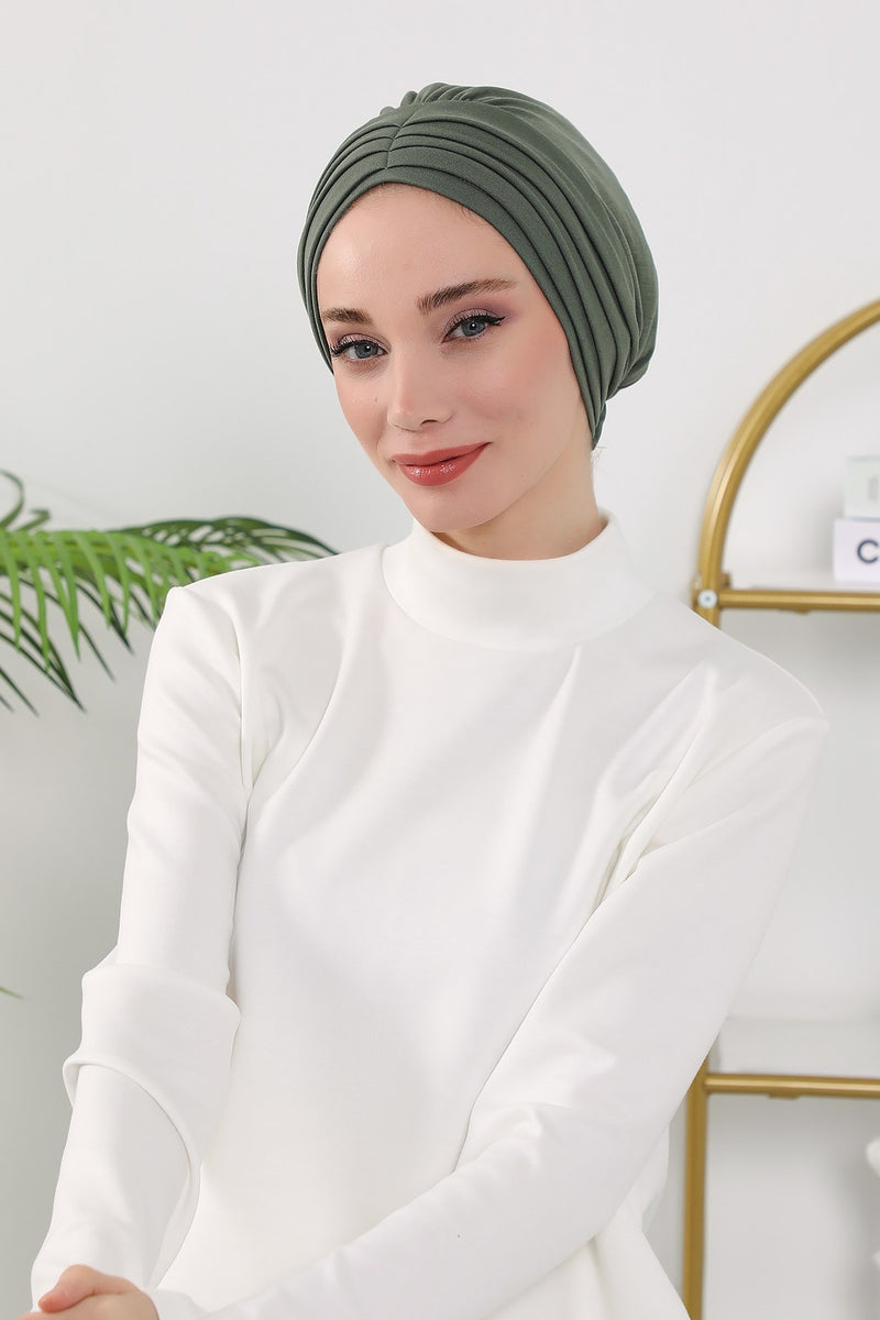 Shirred Elegance Turban for Women for All Seasons, Ready to Wear Stretchy Headwrap for Women, Breathable One Size Modest Hijab Cap for Everyday and Special Occasions,B-13O