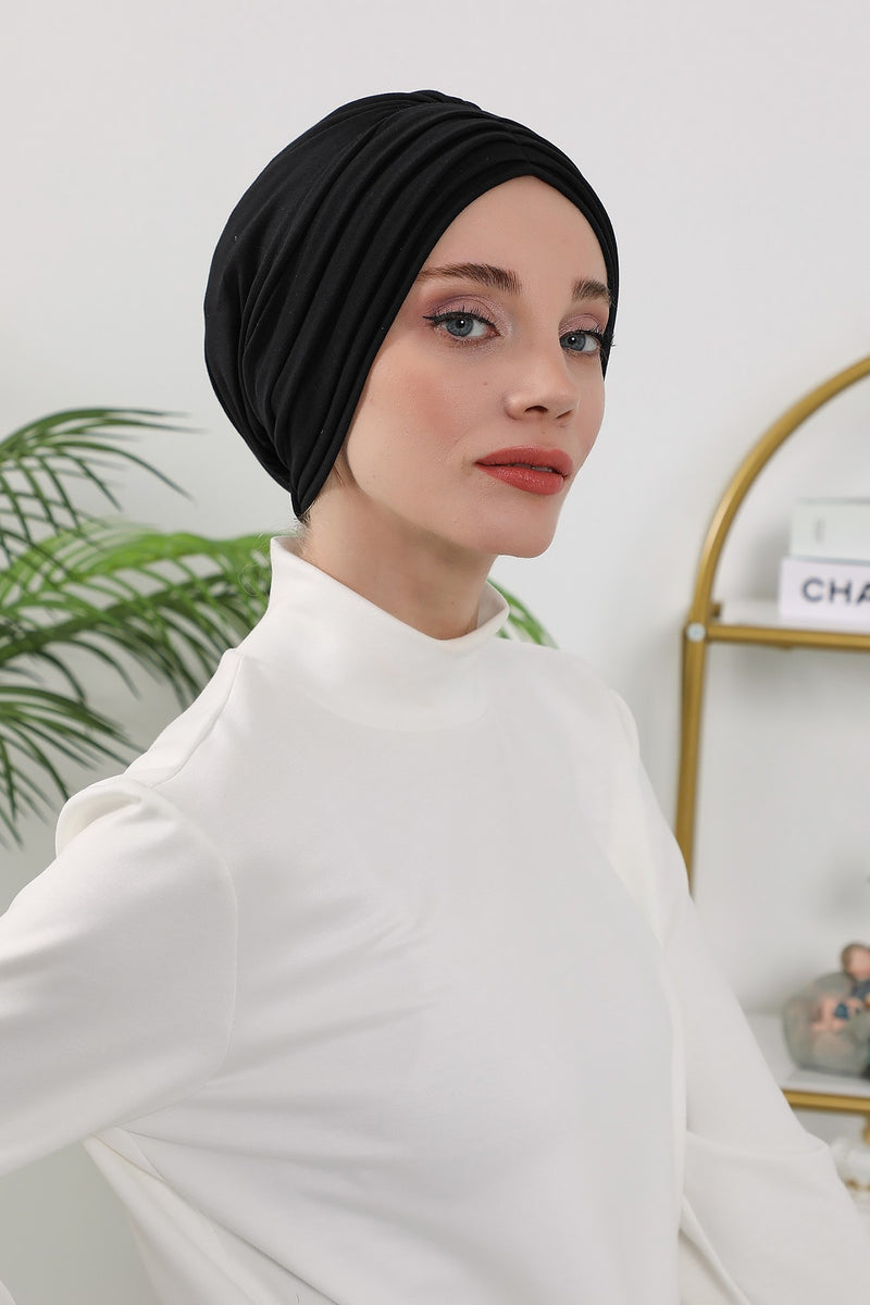 Shirred Elegance Turban for Women for All Seasons, Ready to Wear Stretchy Headwrap for Women, Breathable One Size Modest Hijab Cap for Everyday and Special Occasions,B-13O