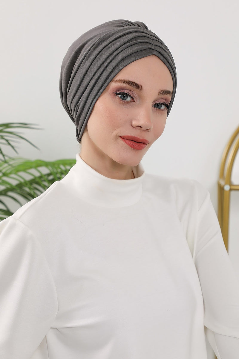 Shirred Elegance Turban for Women for All Seasons, Ready to Wear Stretchy Headwrap for Women, Breathable One Size Modest Hijab Cap for Everyday and Special Occasions,B-13O