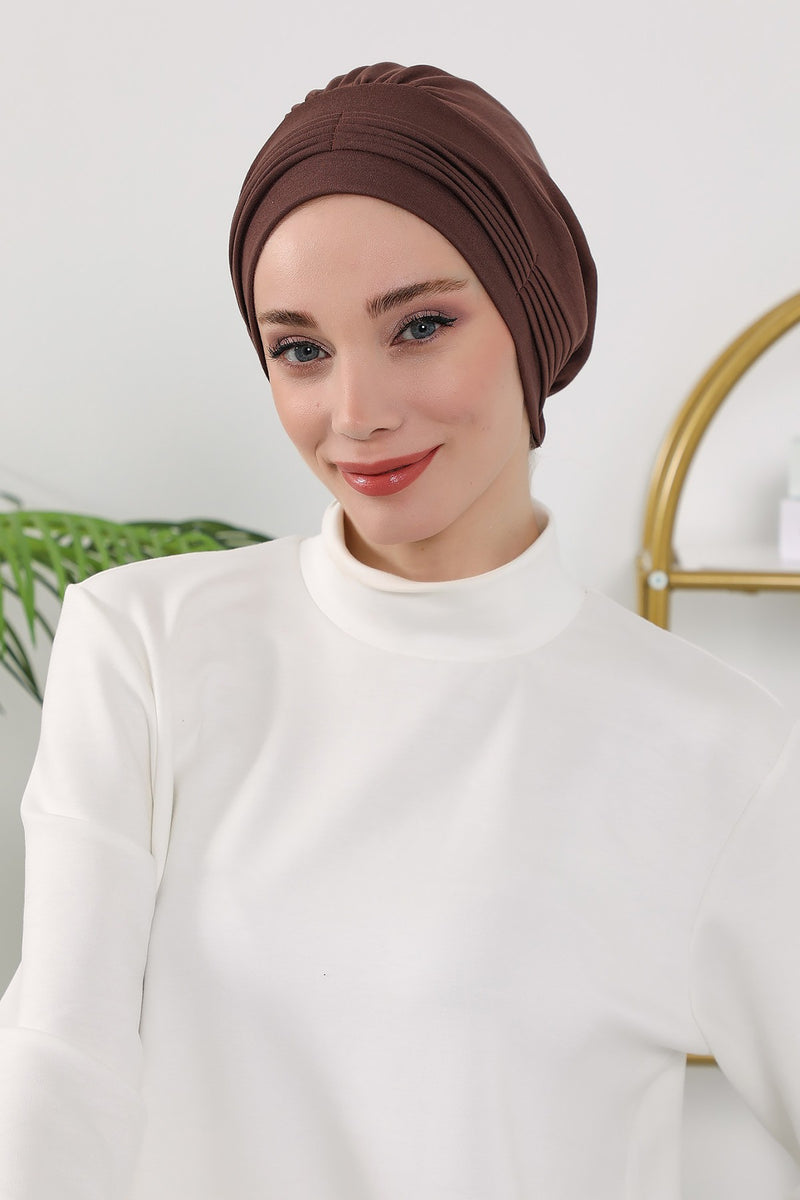 Pleated Instant Turban Hijab for Women, Soft Double Face Fabric Ready to Wear Modest Head Cover,B-19O