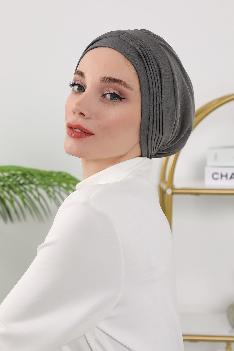 Pleated Instant Turban Hijab for Women, Soft Double Face Fabric Ready to Wear Modest Head Cover,B-19O