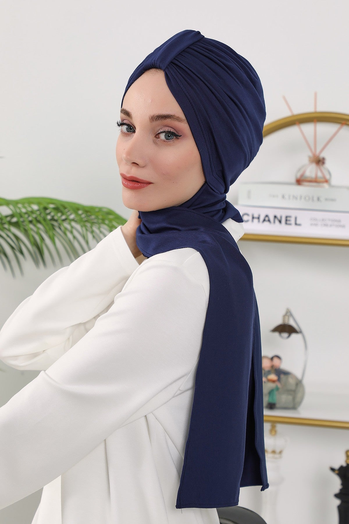Instant Turban Hijab with Long Scarf, Stretchy Soft Fabric Headwrap for Women, One Size All Season Modest Head Cover,B-80O Navy Blue