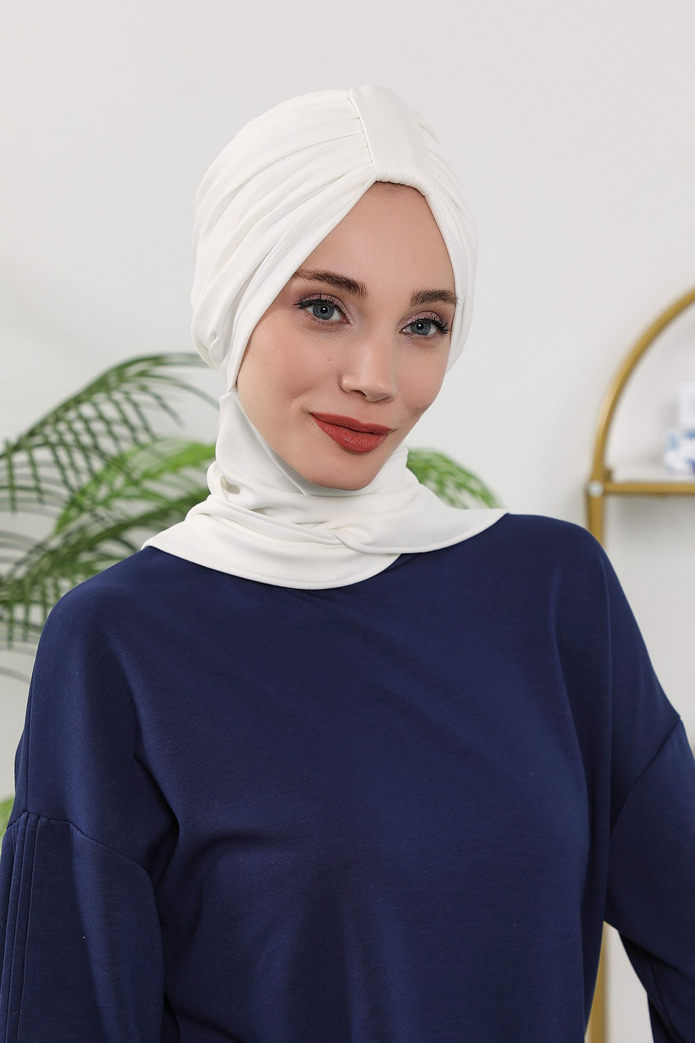 Instant Turban Hijab with Long Scarf, Stretchy Soft Fabric Headwrap for Women, One Size All Season Modest Head Cover,B-80O Ecru