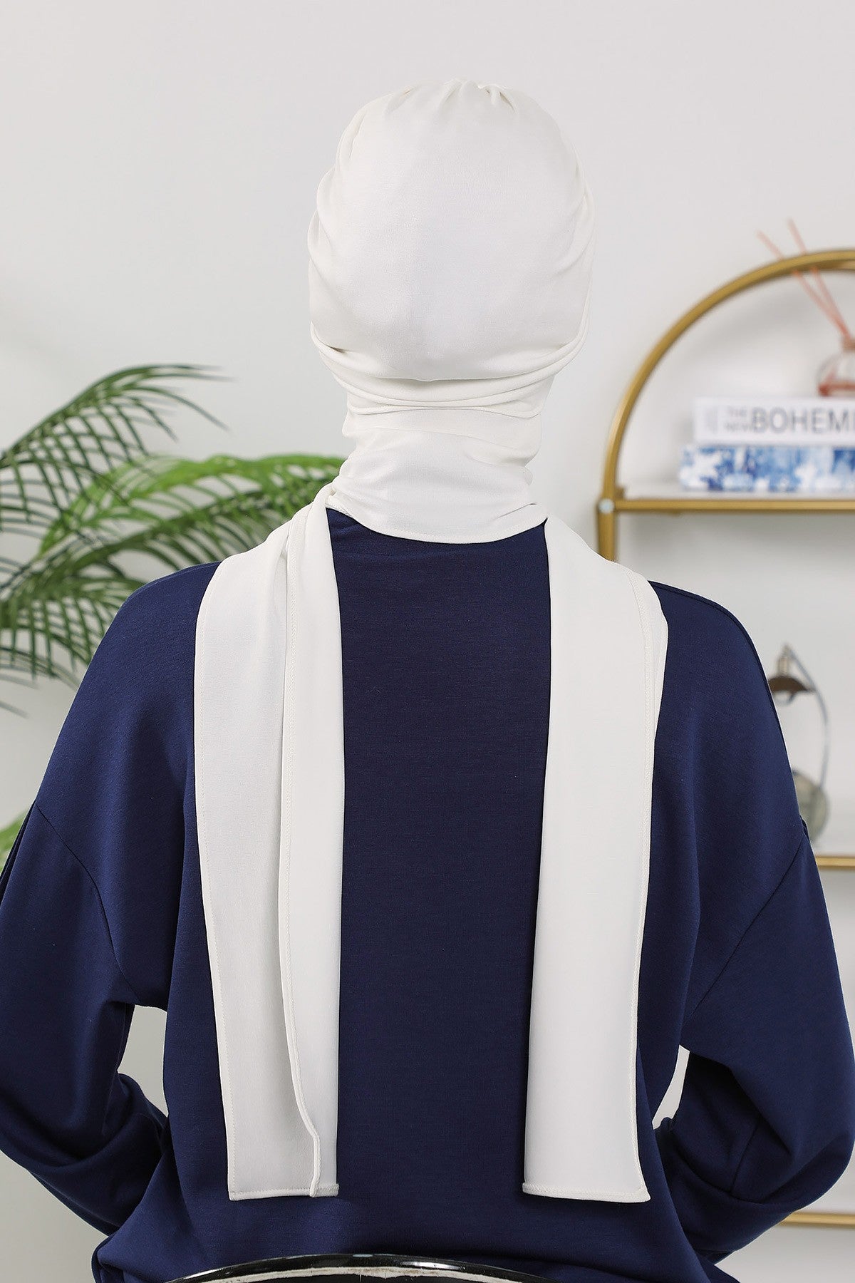 Instant Turban Hijab with Long Scarf, Stretchy Soft Fabric Headwrap for Women, One Size All Season Modest Head Cover,B-80O Ecru
