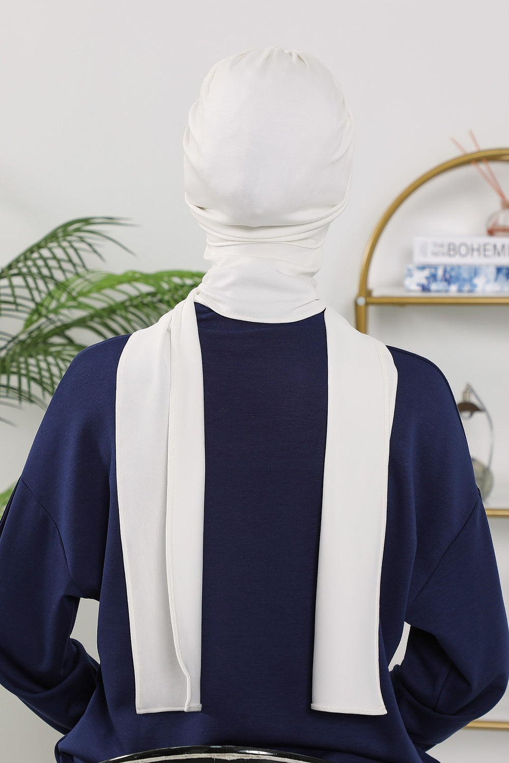 Instant Turban Hijab with Long Scarf, Stretchy Soft Fabric Headwrap for Women, One Size All Season Modest Head Cover,B-80O Ecru