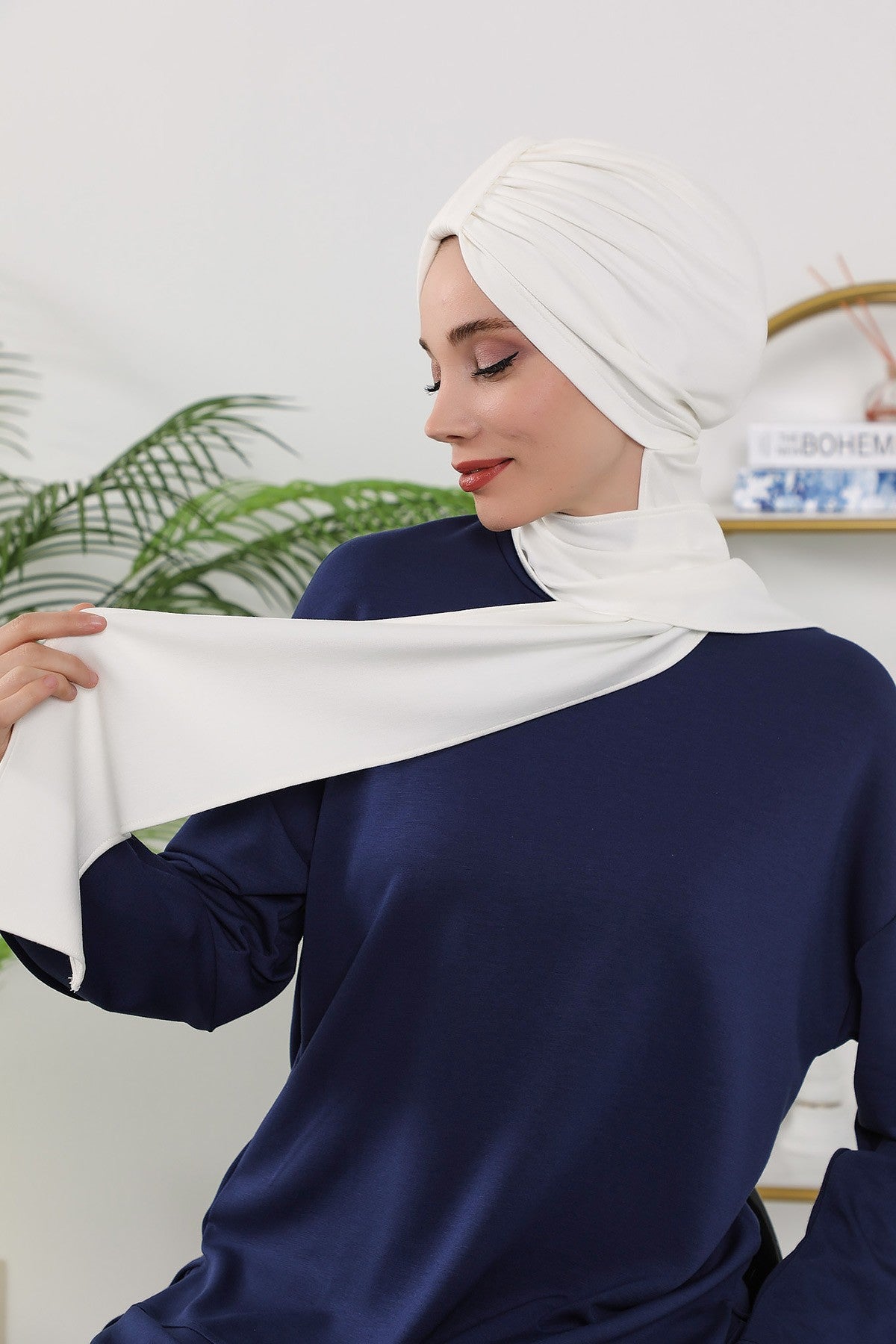 Instant Turban Hijab with Long Scarf, Stretchy Soft Fabric Headwrap for Women, One Size All Season Modest Head Cover,B-80O Ecru