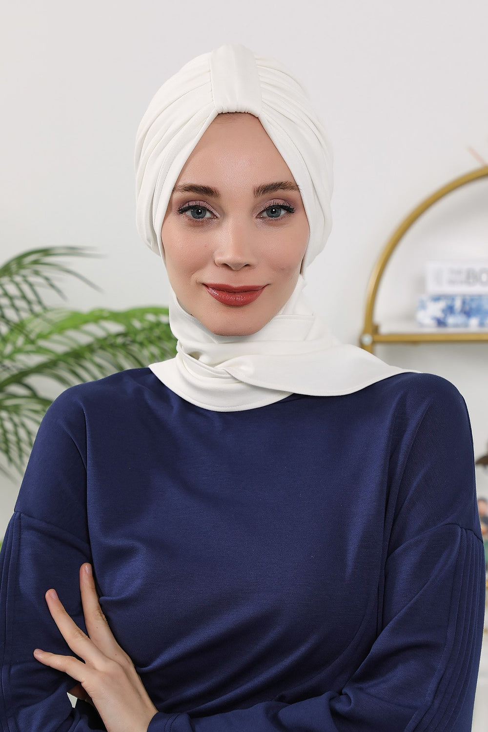 Instant Turban Hijab with Long Scarf, Stretchy Soft Fabric Headwrap for Women, One Size All Season Modest Head Cover,B-80O Ecru