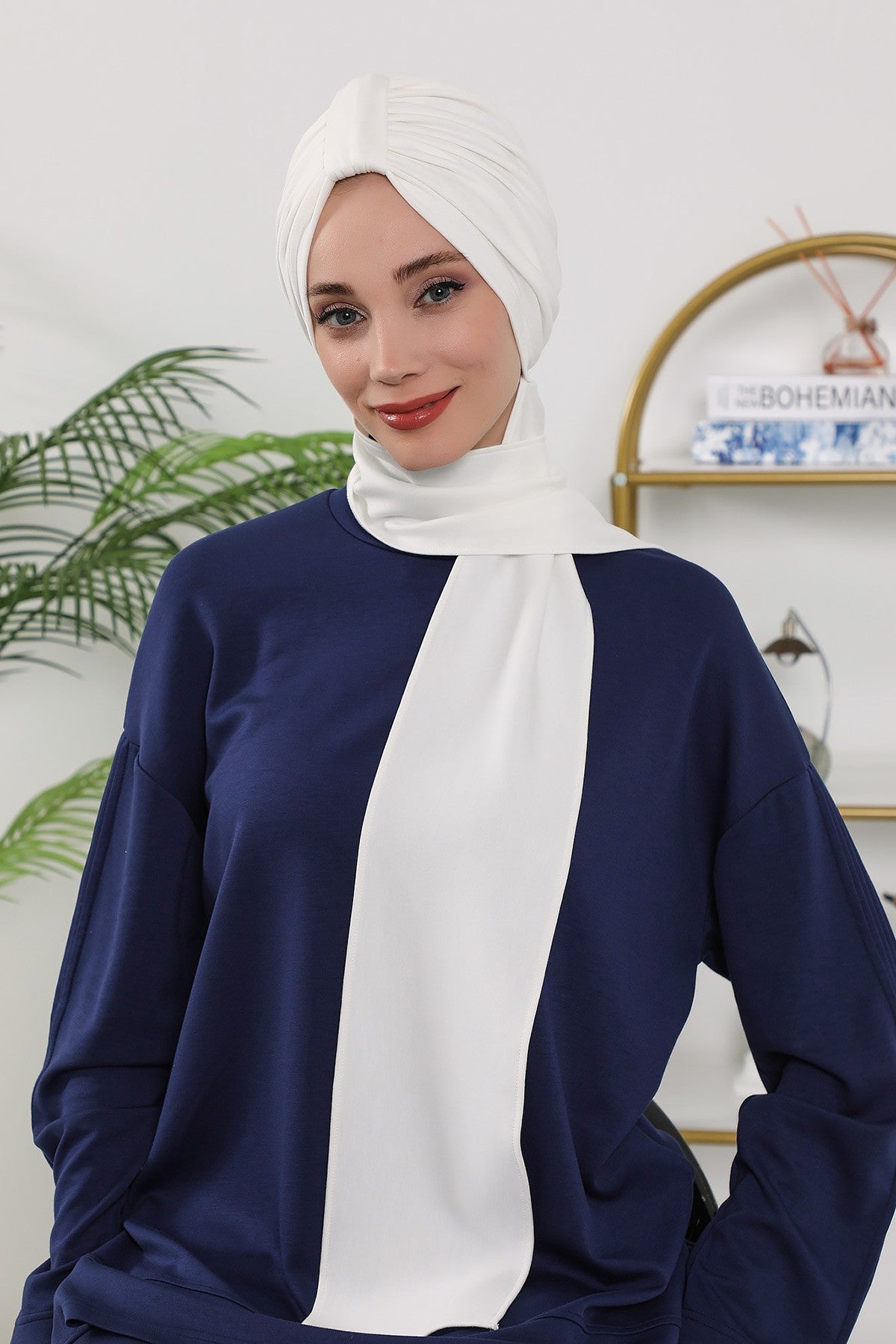 Instant Turban Hijab with Long Scarf, Stretchy Soft Fabric Headwrap for Women, One Size All Season Modest Head Cover,B-80O Ecru