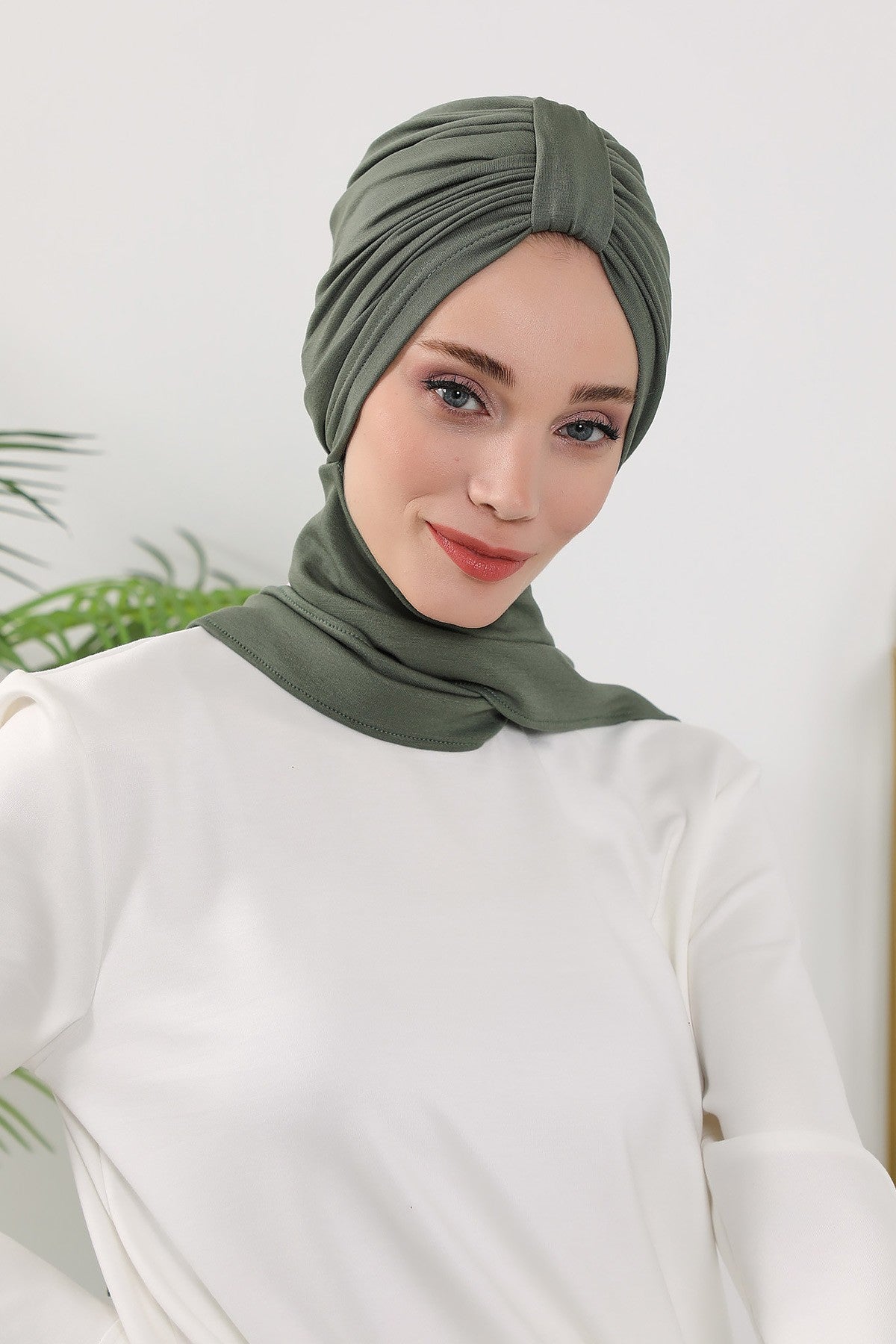 Instant Turban Hijab with Long Scarf, Stretchy Soft Fabric Headwrap for Women, One Size All Season Modest Head Cover,B-80O Army Green