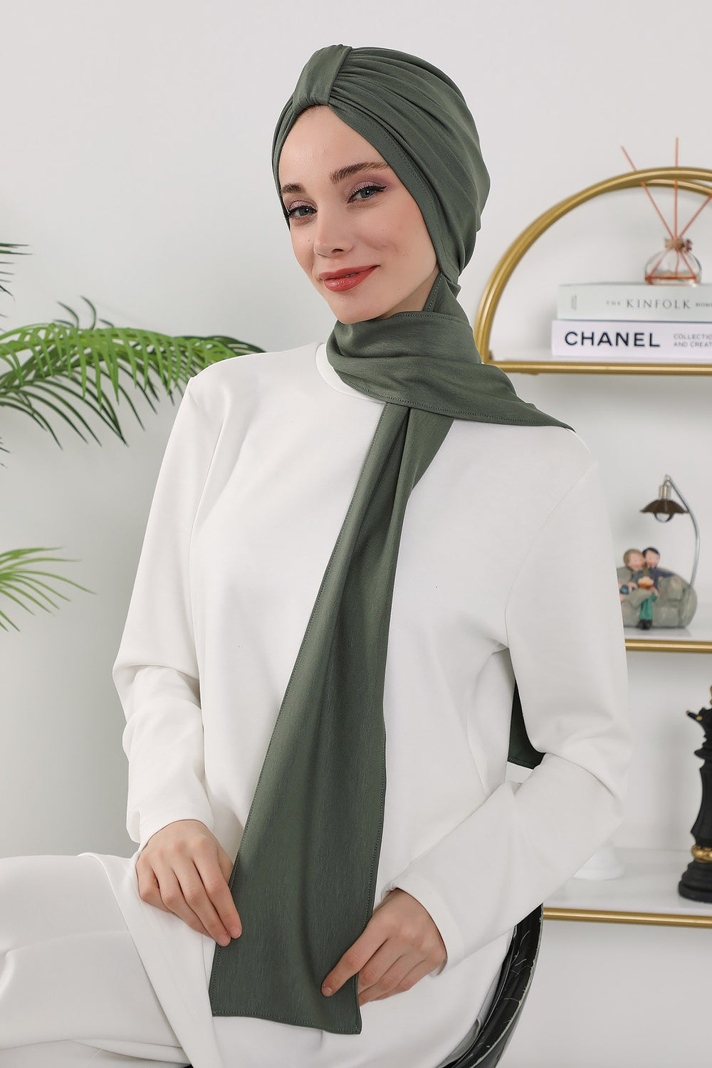 Instant Turban Hijab with Long Scarf, Stretchy Soft Fabric Headwrap for Women, One Size All Season Modest Head Cover,B-80O Army Green