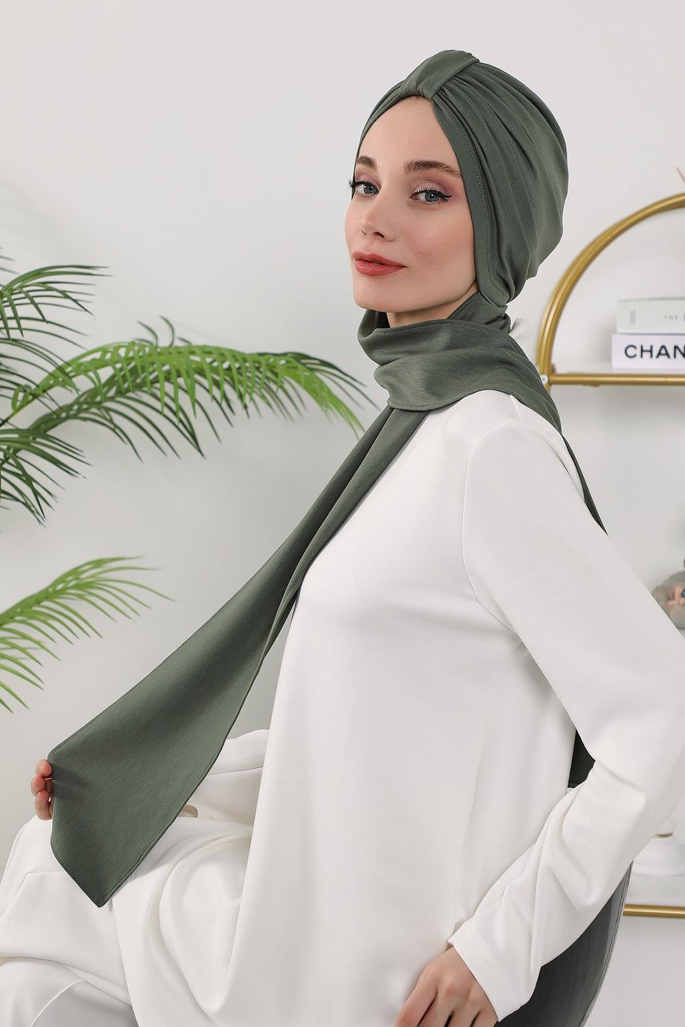 Instant Turban Hijab with Long Scarf, Stretchy Soft Fabric Headwrap for Women, One Size All Season Modest Head Cover,B-80O Army Green