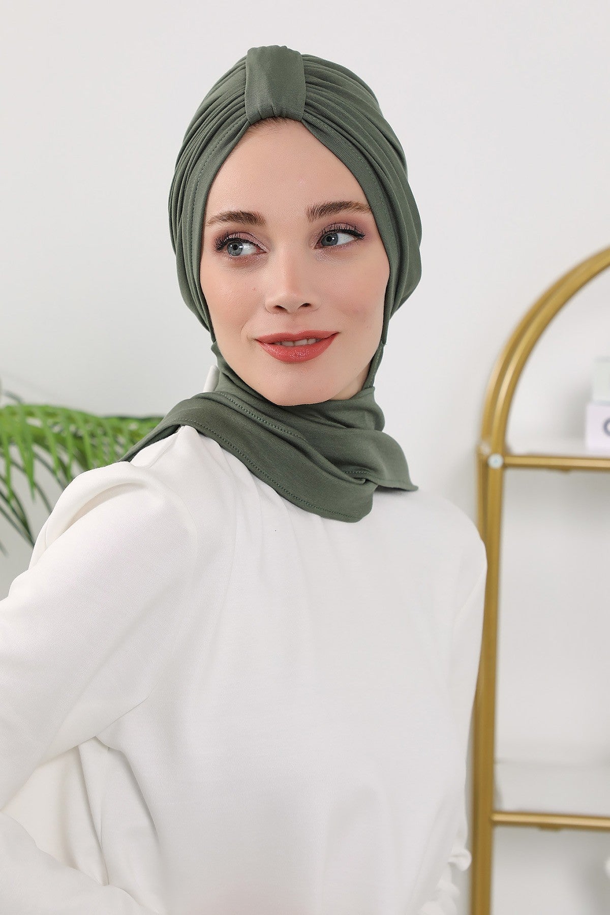 Instant Turban Hijab with Long Scarf, Stretchy Soft Fabric Headwrap for Women, One Size All Season Modest Head Cover,B-80O Army Green