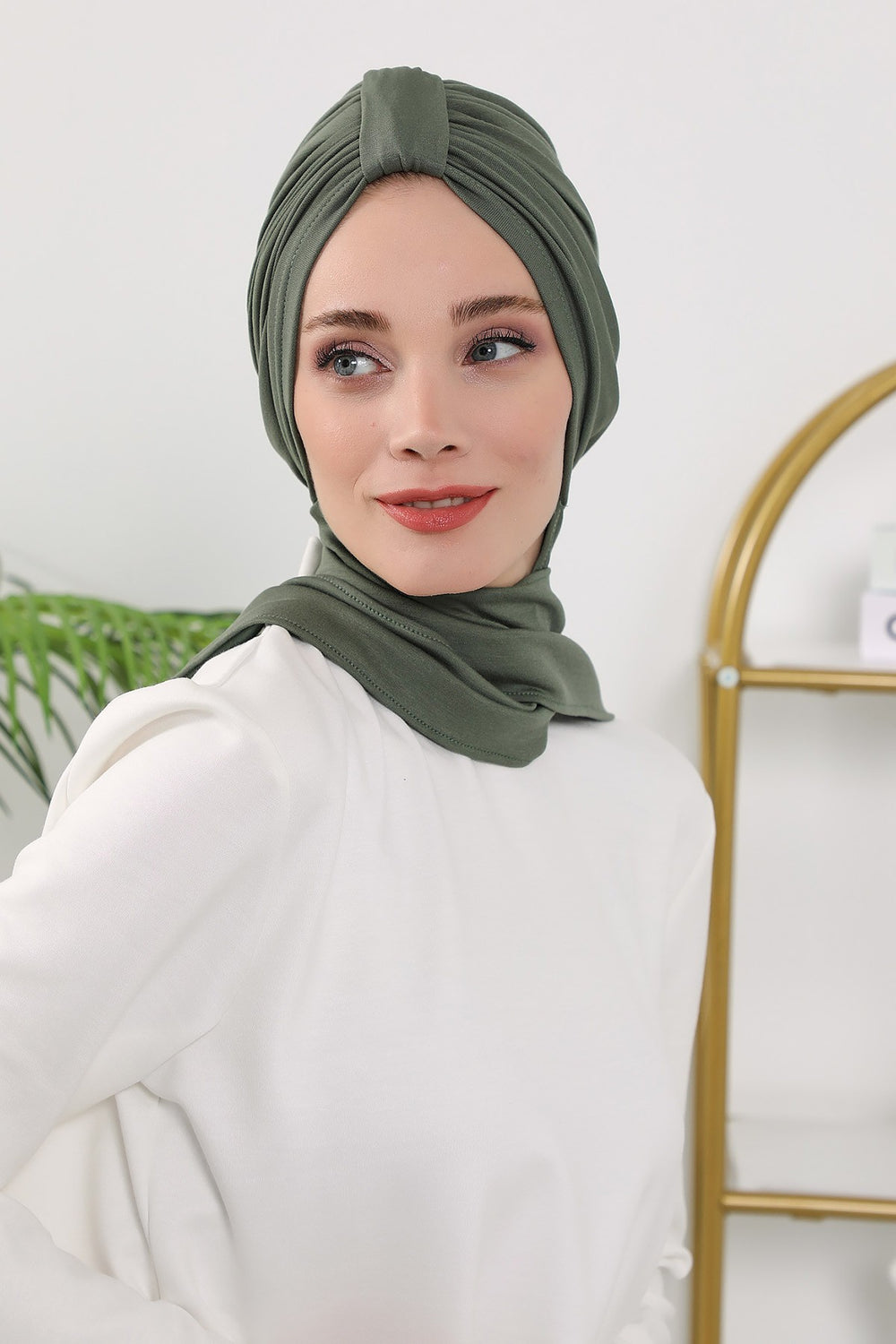 Instant Turban Hijab with Long Scarf, Stretchy Soft Fabric Headwrap for Women, One Size All Season Modest Head Cover,B-80O Army Green