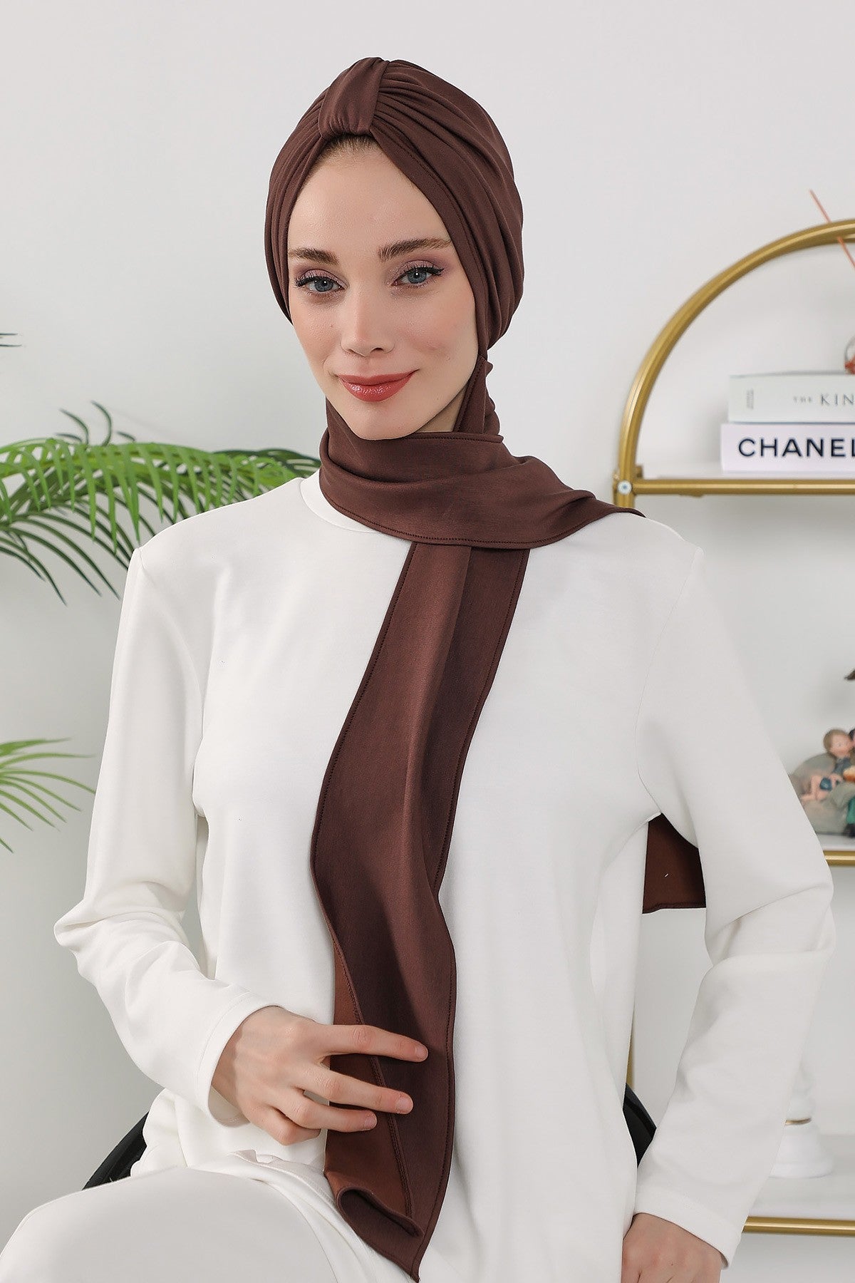 Instant Turban Hijab with Long Scarf, Stretchy Soft Fabric Headwrap for Women, One Size All Season Modest Head Cover,B-80O Brown