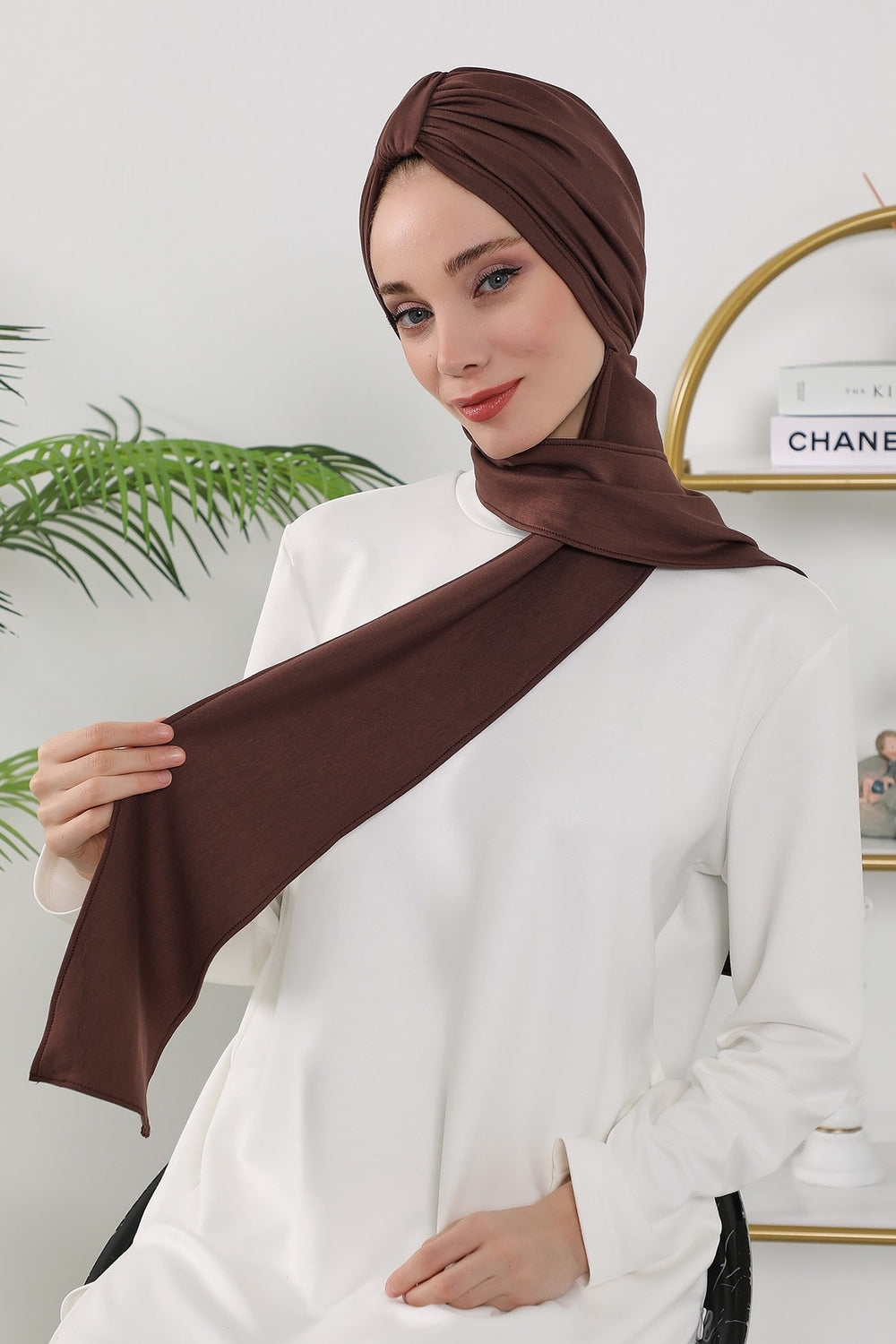 Instant Turban Hijab with Long Scarf, Stretchy Soft Fabric Headwrap for Women, One Size All Season Modest Head Cover,B-80O Brown