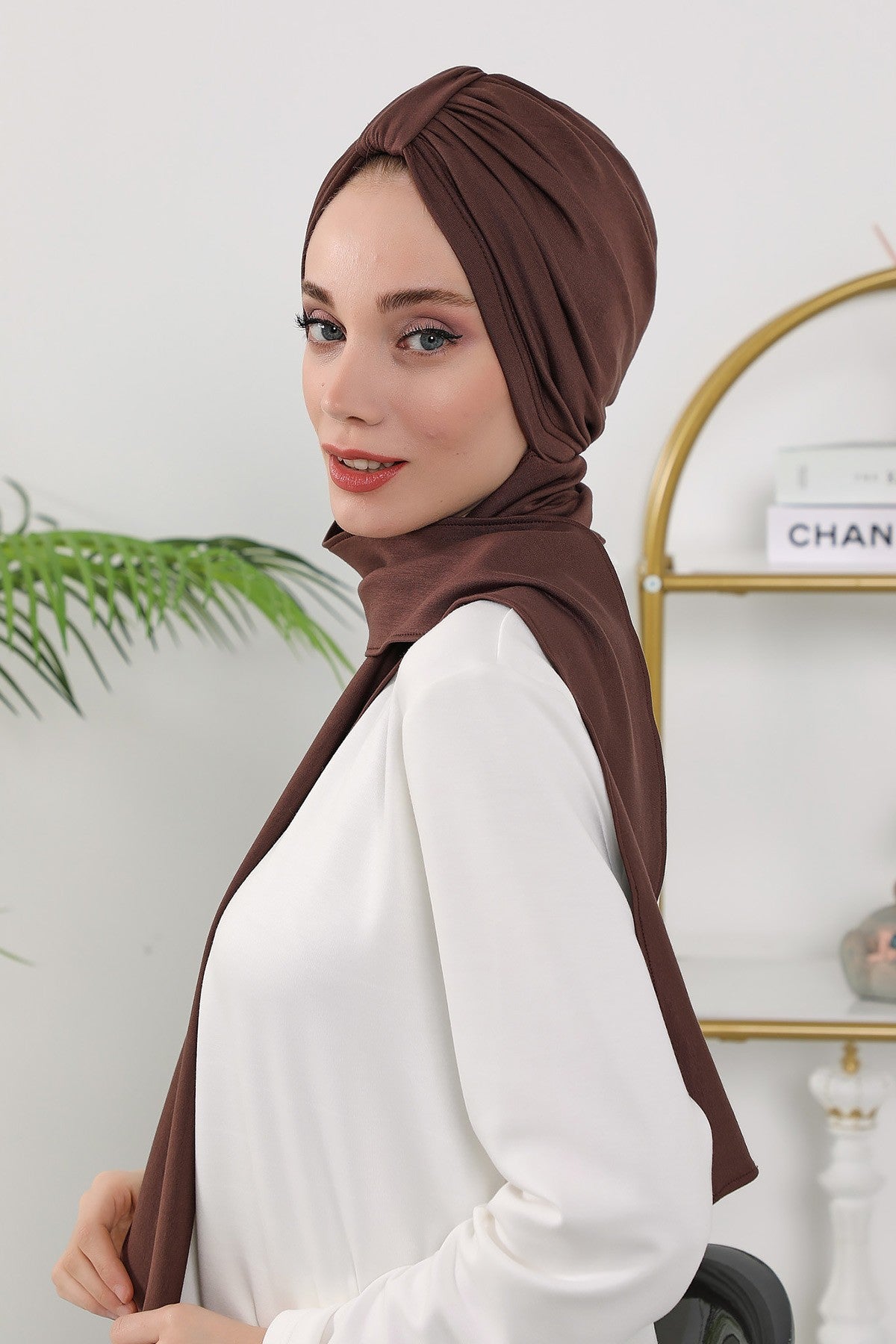 Instant Turban Hijab with Long Scarf, Stretchy Soft Fabric Headwrap for Women, One Size All Season Modest Head Cover,B-80O Brown