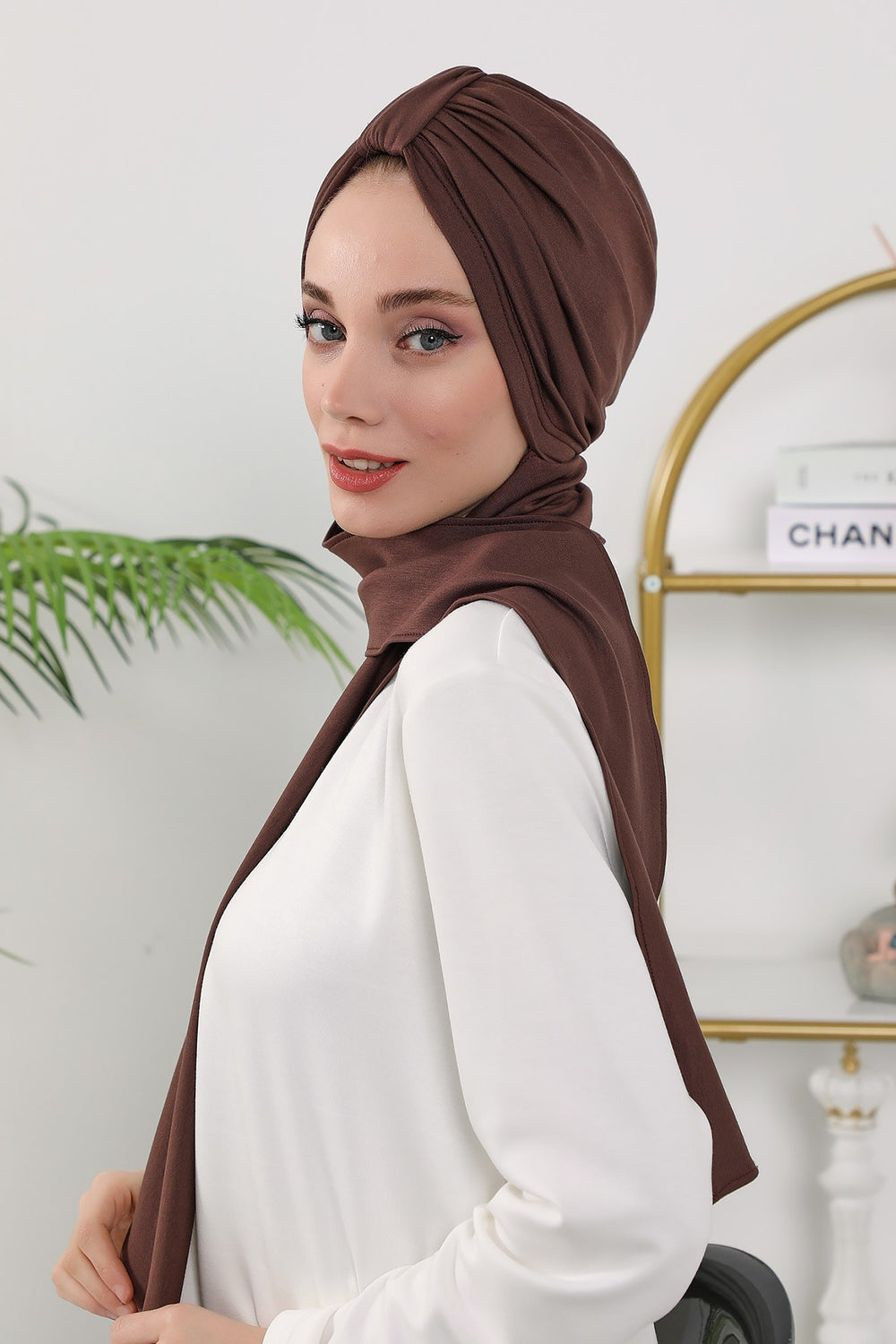 Instant Turban Hijab with Long Scarf, Stretchy Soft Fabric Headwrap for Women, One Size All Season Modest Head Cover,B-80O Brown