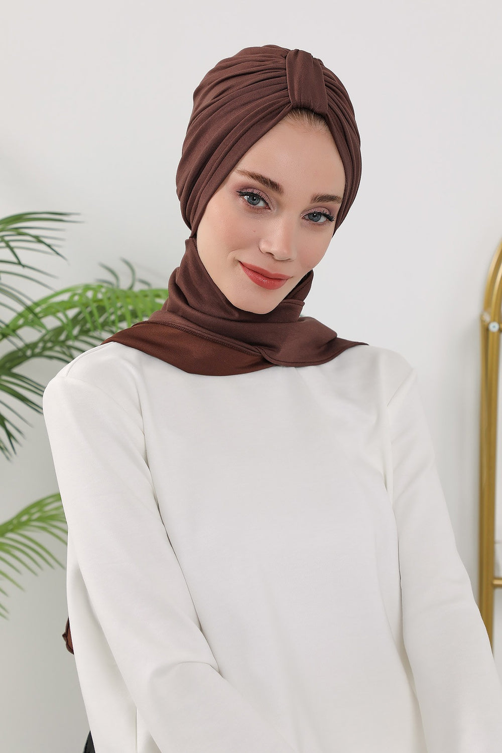Instant Turban Hijab with Long Scarf, Stretchy Soft Fabric Headwrap for Women, One Size All Season Modest Head Cover,B-80O Brown