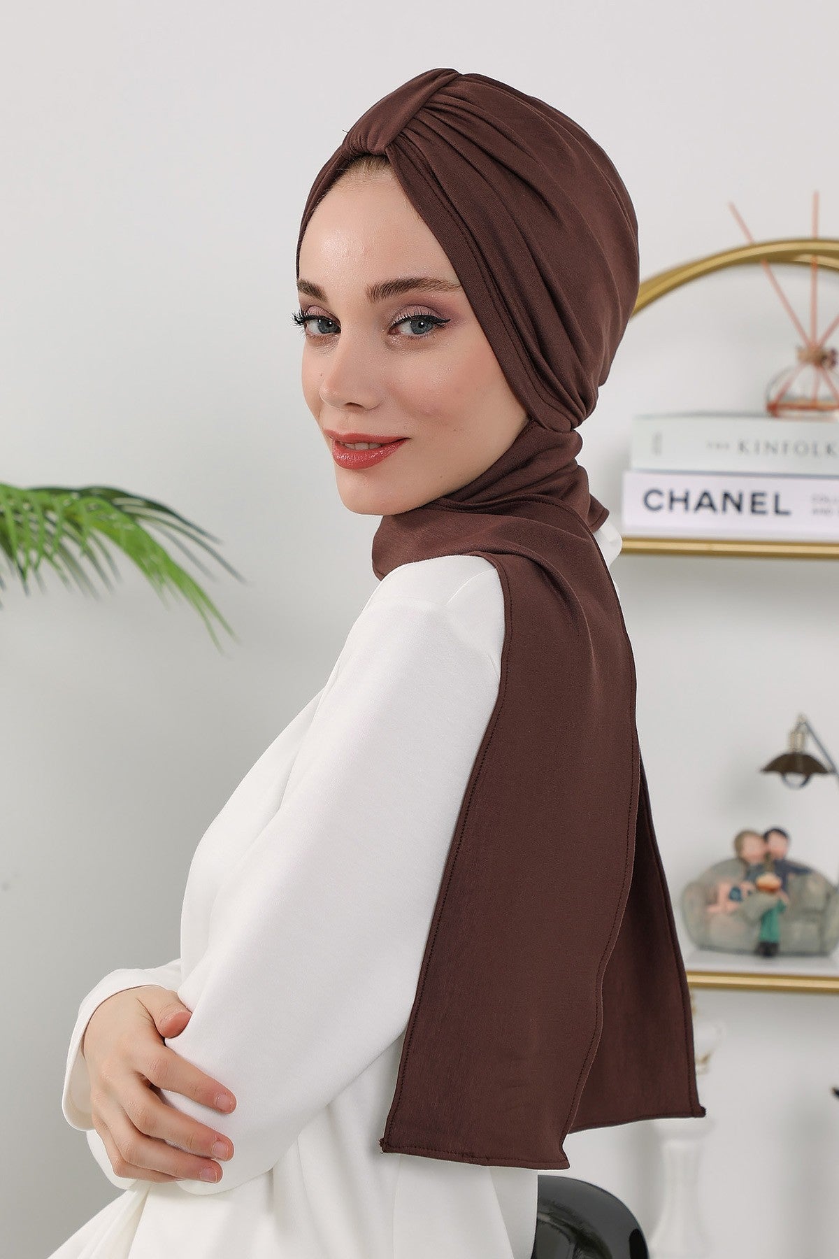 Instant Turban Hijab with Long Scarf, Stretchy Soft Fabric Headwrap for Women, One Size All Season Modest Head Cover,B-80O Brown