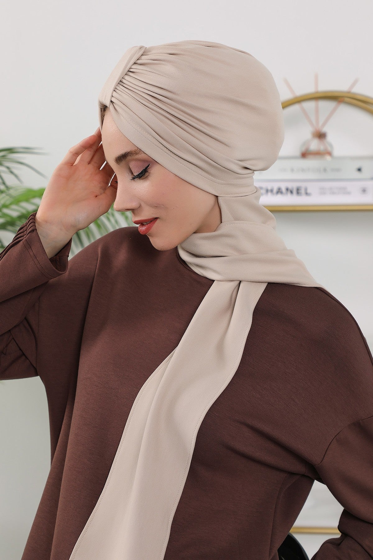 Instant Turban Hijab with Long Scarf, Stretchy Soft Fabric Headwrap for Women, One Size All Season Modest Head Cover,B-80O Beige
