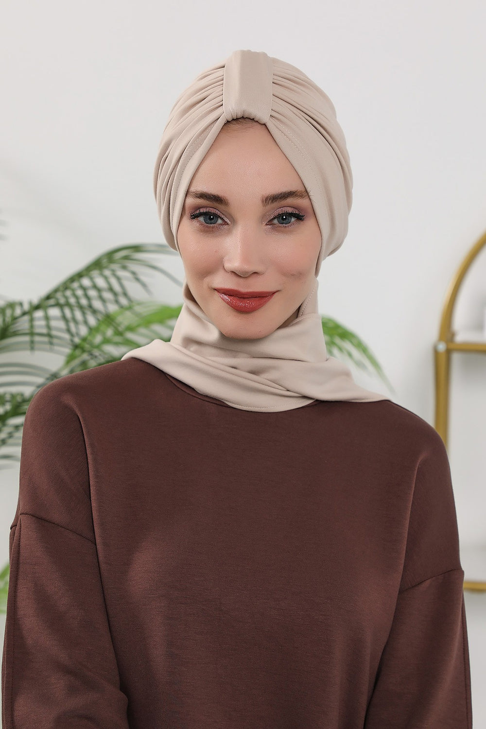 Instant Turban Hijab with Long Scarf, Stretchy Soft Fabric Headwrap for Women, One Size All Season Modest Head Cover,B-80O Beige