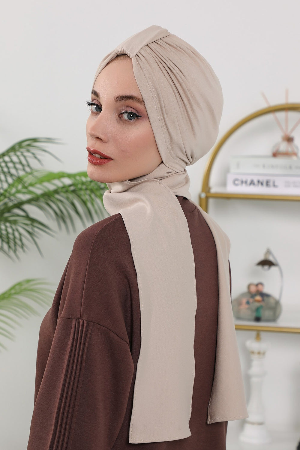 Instant Turban Hijab with Long Scarf, Stretchy Soft Fabric Headwrap for Women, One Size All Season Modest Head Cover,B-80O Beige