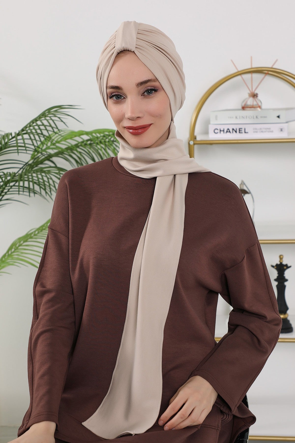 Instant Turban Hijab with Long Scarf, Stretchy Soft Fabric Headwrap for Women, One Size All Season Modest Head Cover,B-80O Beige