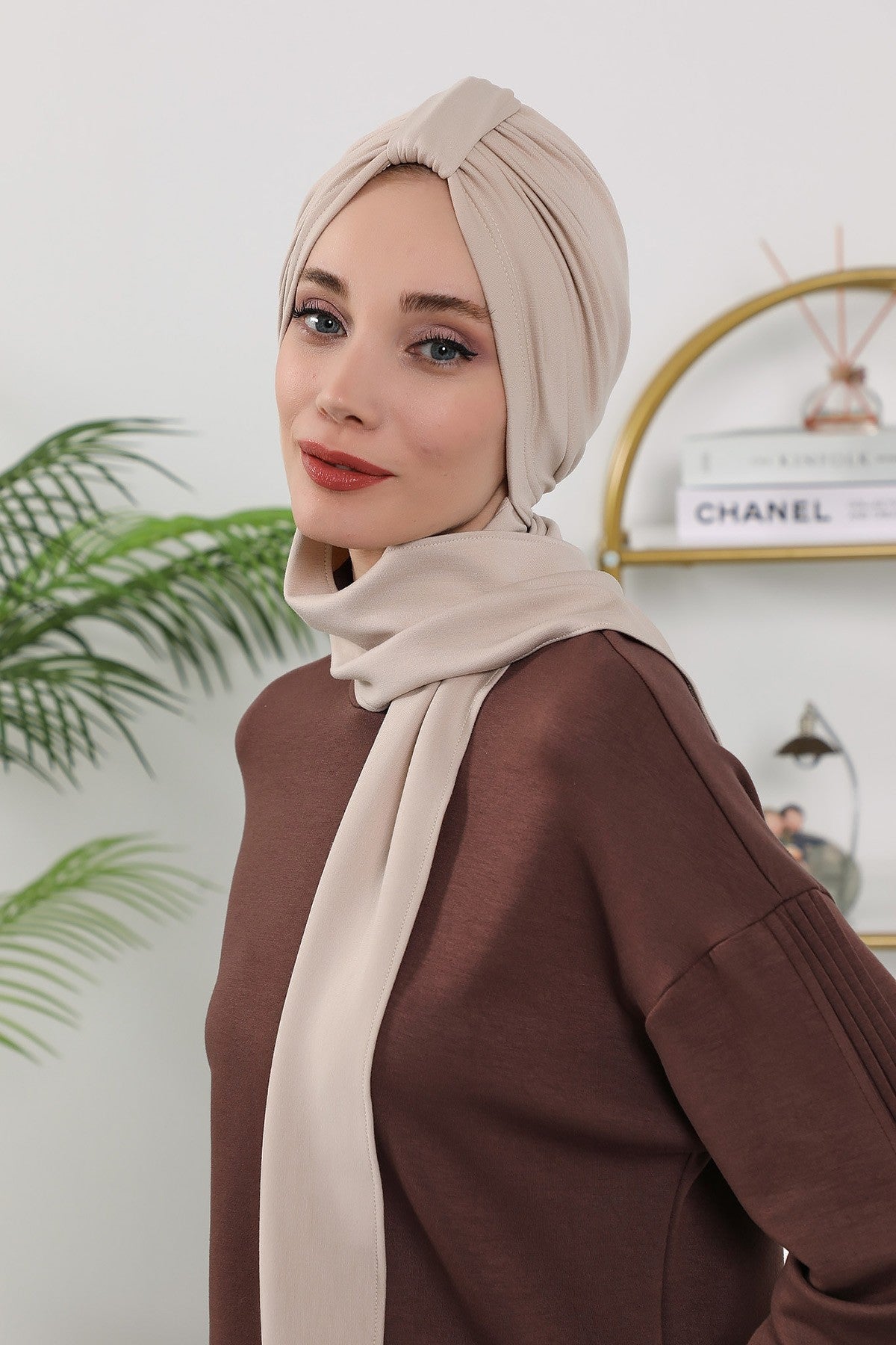 Instant Turban Hijab with Long Scarf, Stretchy Soft Fabric Headwrap for Women, One Size All Season Modest Head Cover,B-80O Beige