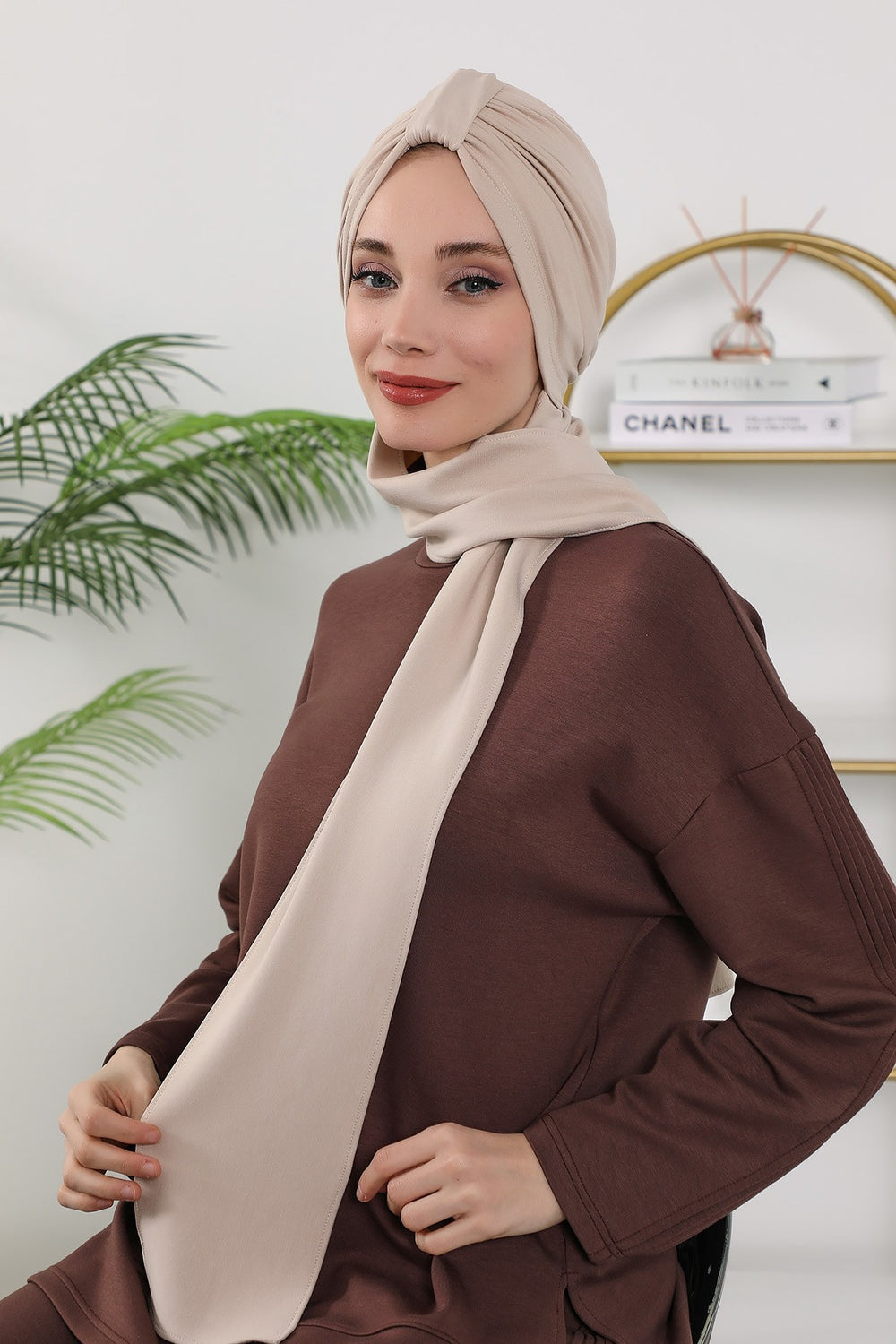 Instant Turban Hijab with Long Scarf, Stretchy Soft Fabric Headwrap for Women, One Size All Season Modest Head Cover,B-80O Beige
