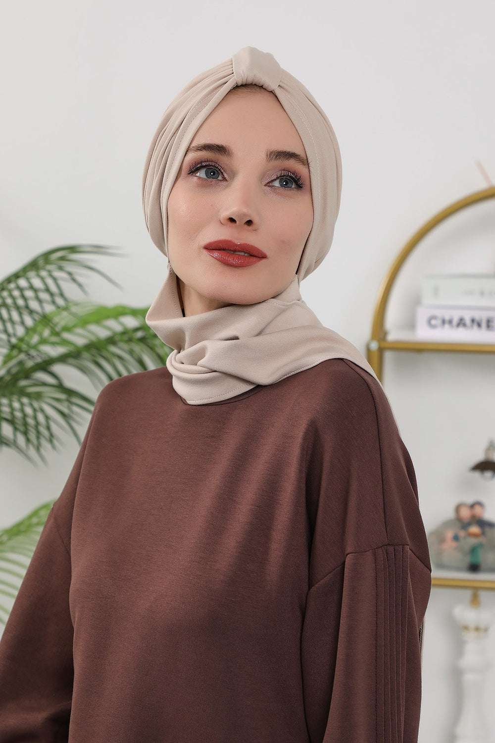 Instant Turban Hijab with Long Scarf, Stretchy Soft Fabric Headwrap for Women, One Size All Season Modest Head Cover,B-80O Beige