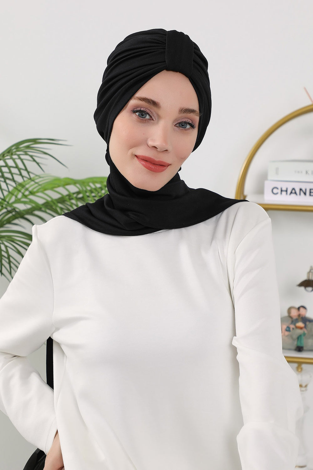 Instant Turban Hijab with Long Scarf, Stretchy Soft Fabric Headwrap for Women, One Size All Season Modest Head Cover,B-80O Black