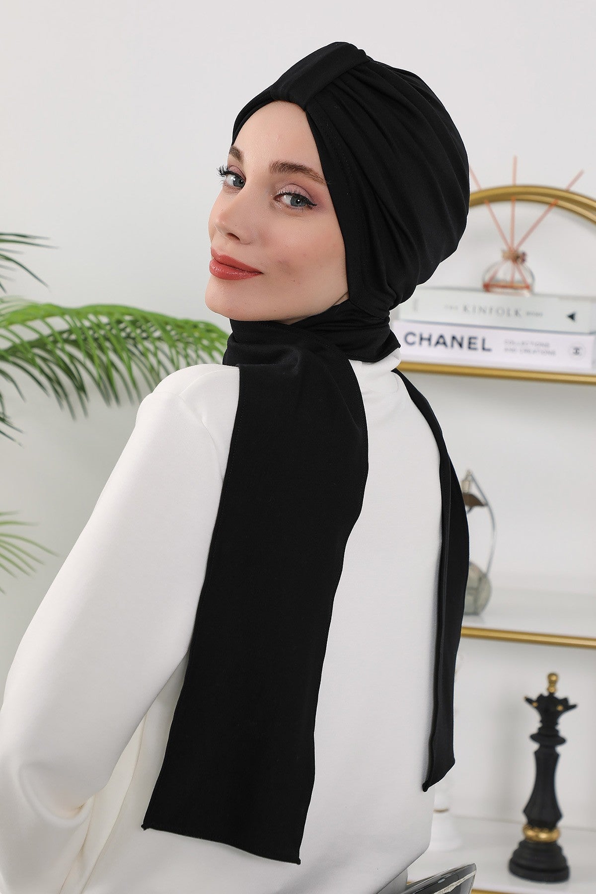 Instant Turban Hijab with Long Scarf, Stretchy Soft Fabric Headwrap for Women, One Size All Season Modest Head Cover,B-80O Black