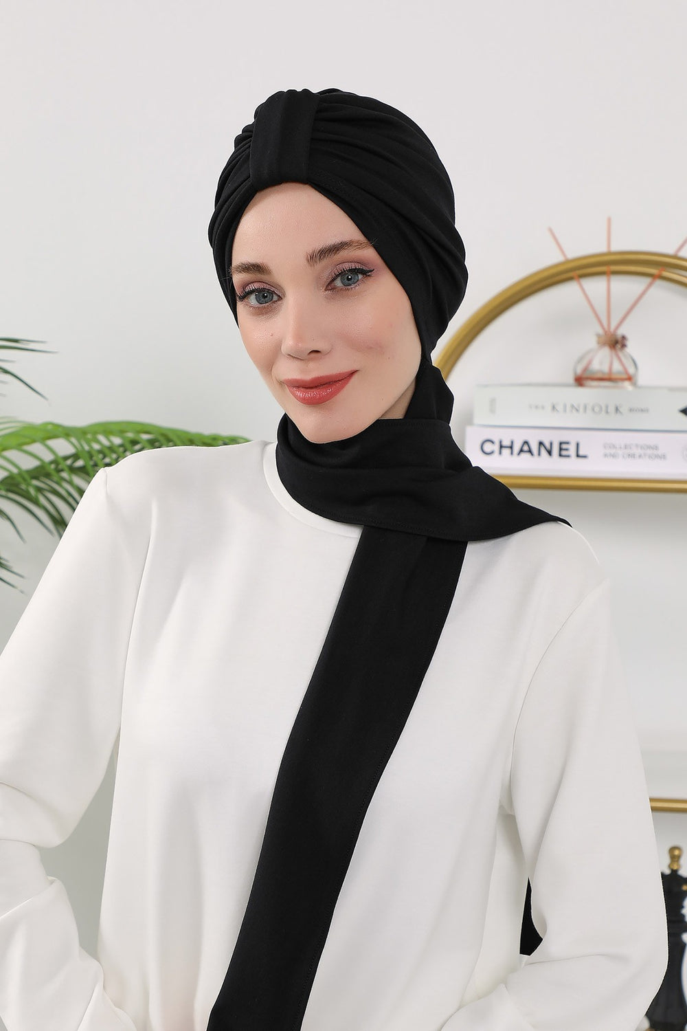 Instant Turban Hijab with Long Scarf, Stretchy Soft Fabric Headwrap for Women, One Size All Season Modest Head Cover,B-80O Black