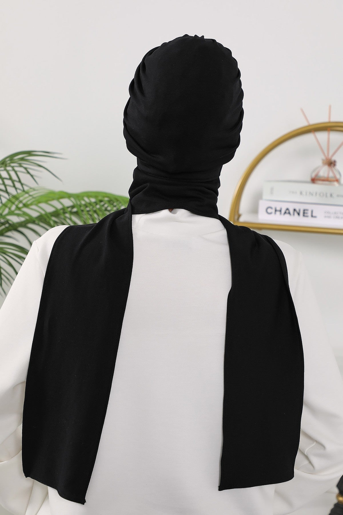 Instant Turban Hijab with Long Scarf, Stretchy Soft Fabric Headwrap for Women, One Size All Season Modest Head Cover,B-80O Black