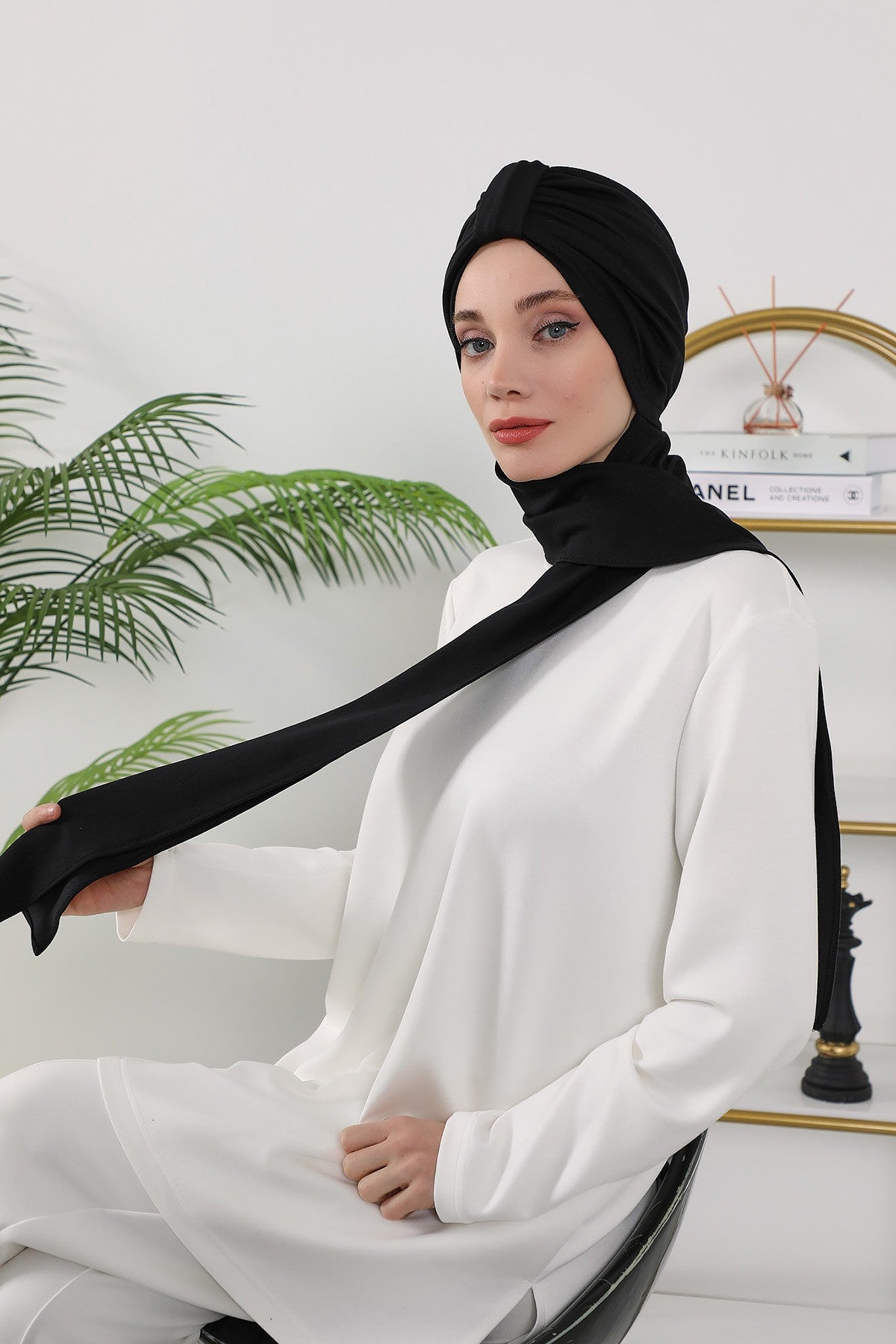 Instant Turban Hijab with Long Scarf, Stretchy Soft Fabric Headwrap for Women, One Size All Season Modest Head Cover,B-80O Black