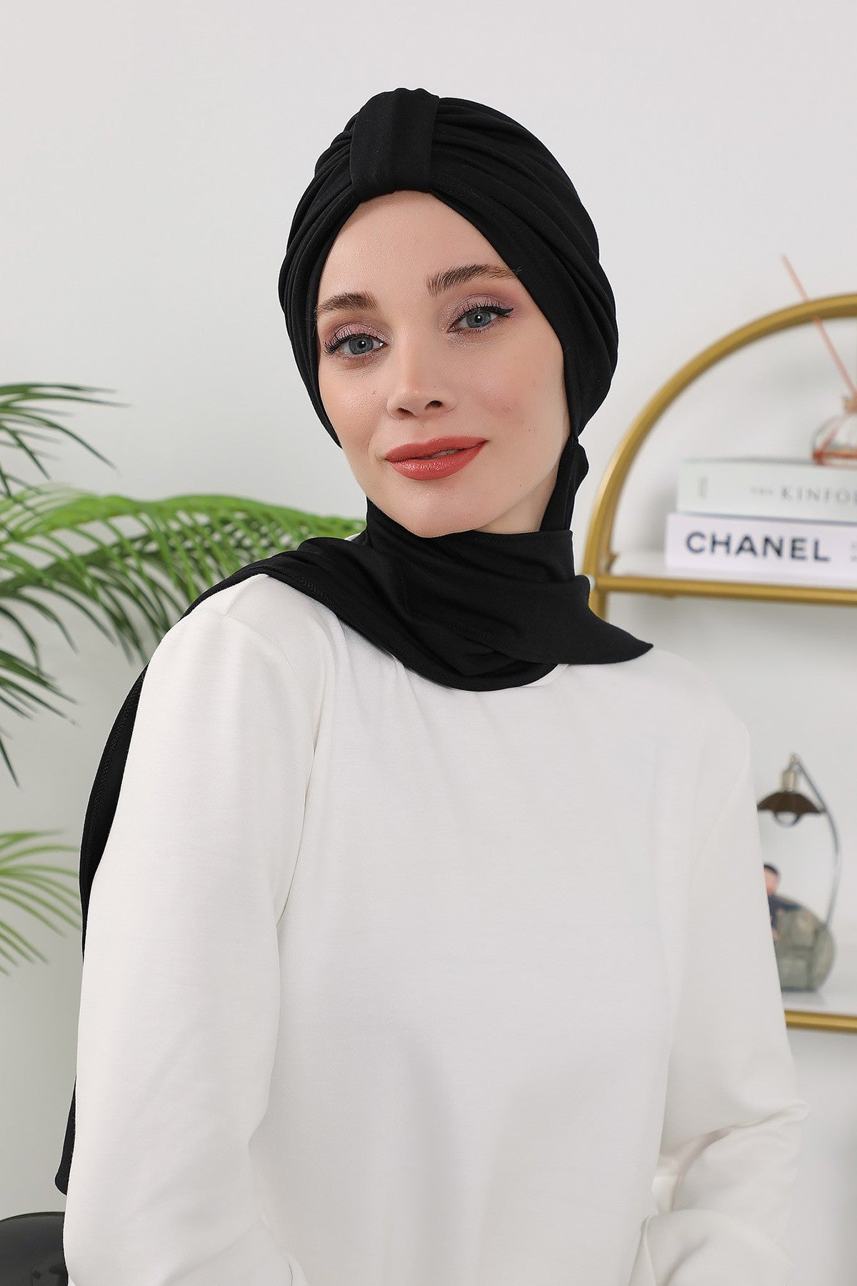 Instant Turban Hijab with Long Scarf, Stretchy Soft Fabric Headwrap for Women, One Size All Season Modest Head Cover,B-80O Black