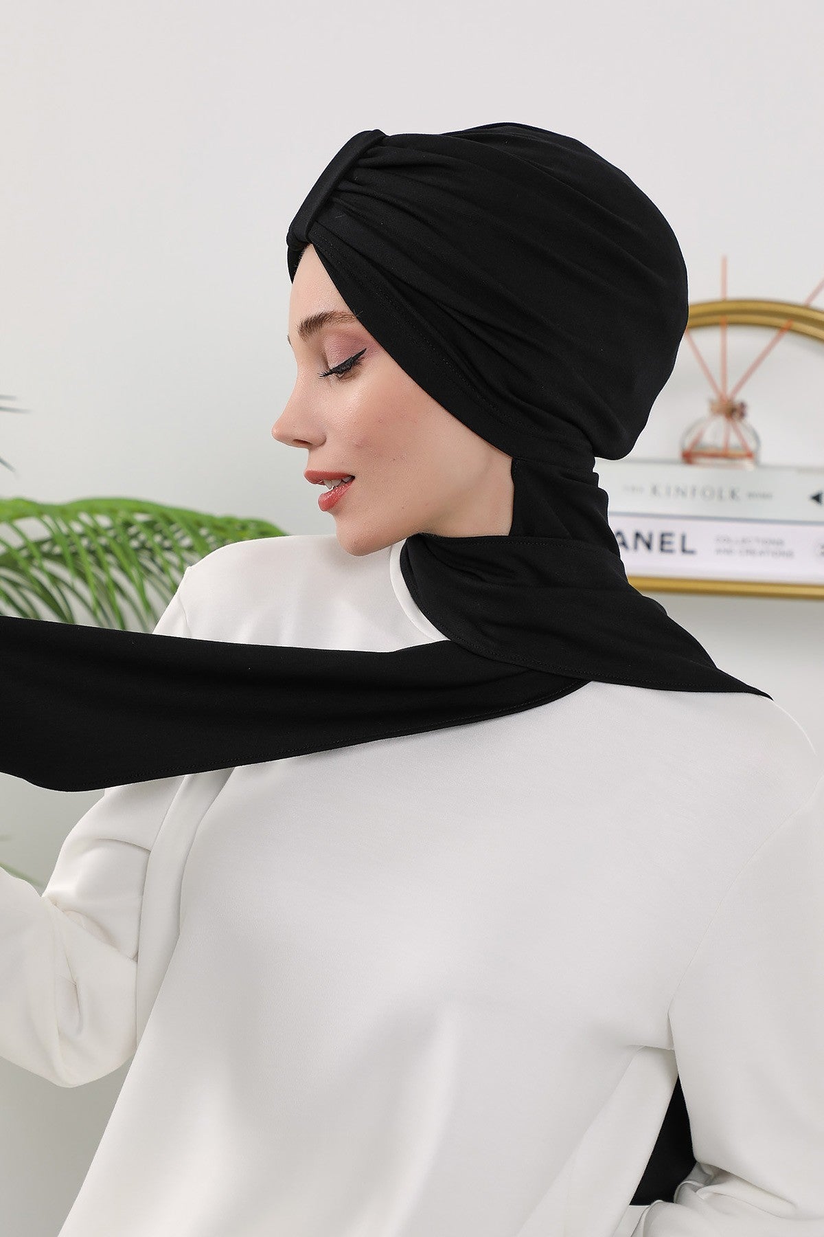 Instant Turban Hijab with Long Scarf, Stretchy Soft Fabric Headwrap for Women, One Size All Season Modest Head Cover,B-80O Black