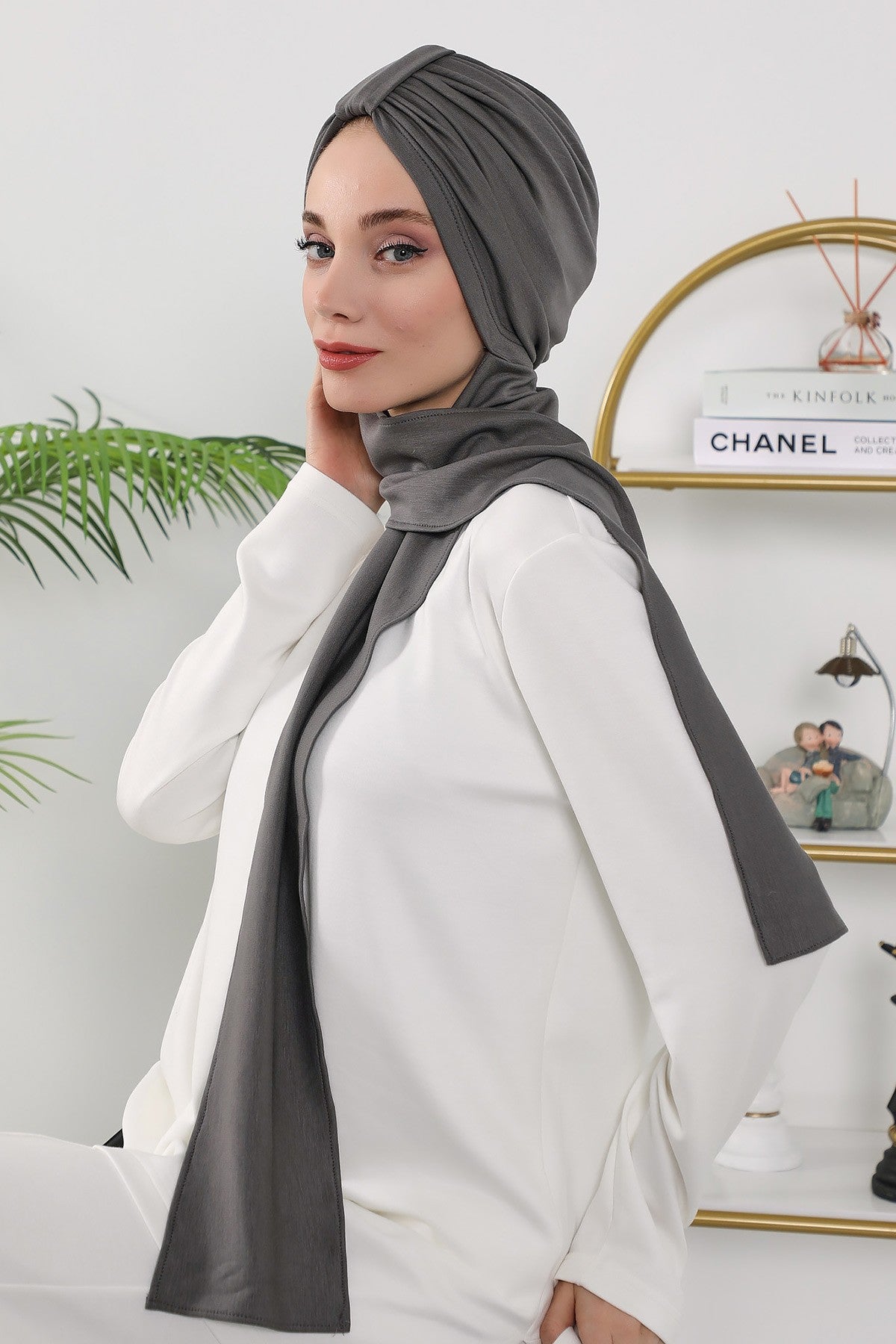 Instant Turban Hijab with Long Scarf, Stretchy Soft Fabric Headwrap for Women, One Size All Season Modest Head Cover,B-80O Anthracite