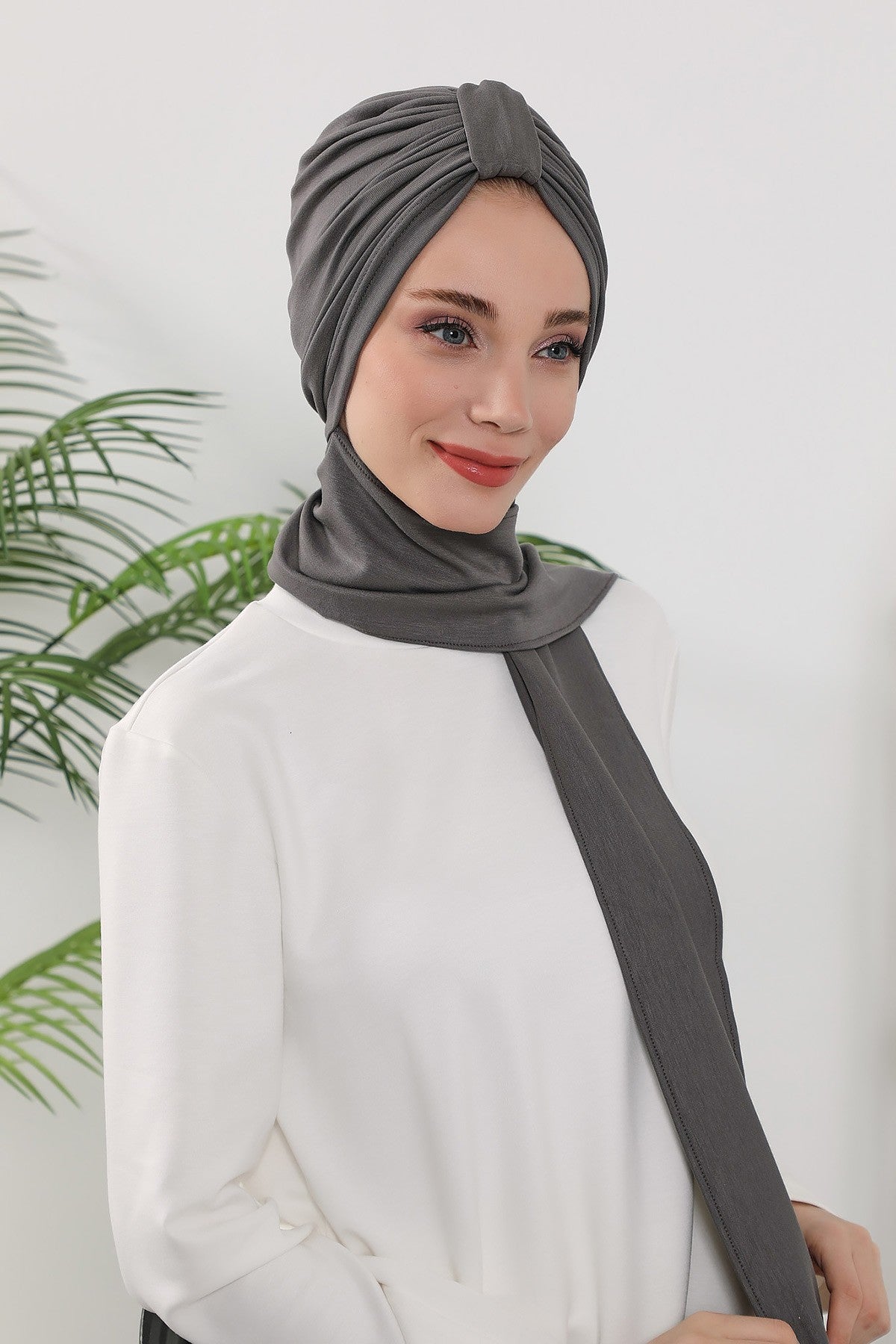 Instant Turban Hijab with Long Scarf, Stretchy Soft Fabric Headwrap for Women, One Size All Season Modest Head Cover,B-80O Anthracite