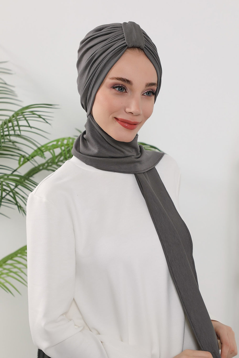 Instant Turban Hijab with Long Scarf, Stretchy Soft Fabric Headwrap for Women, One Size All Season Modest Head Cover,B-80O Anthracite