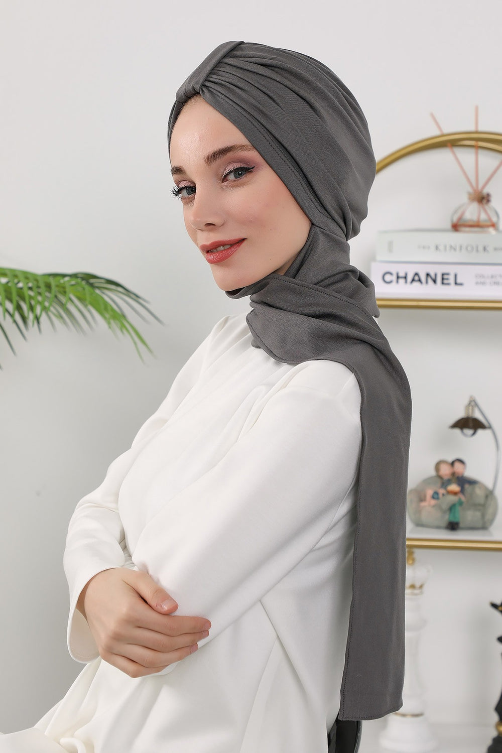 Instant Turban Hijab with Long Scarf, Stretchy Soft Fabric Headwrap for Women, One Size All Season Modest Head Cover,B-80O Anthracite