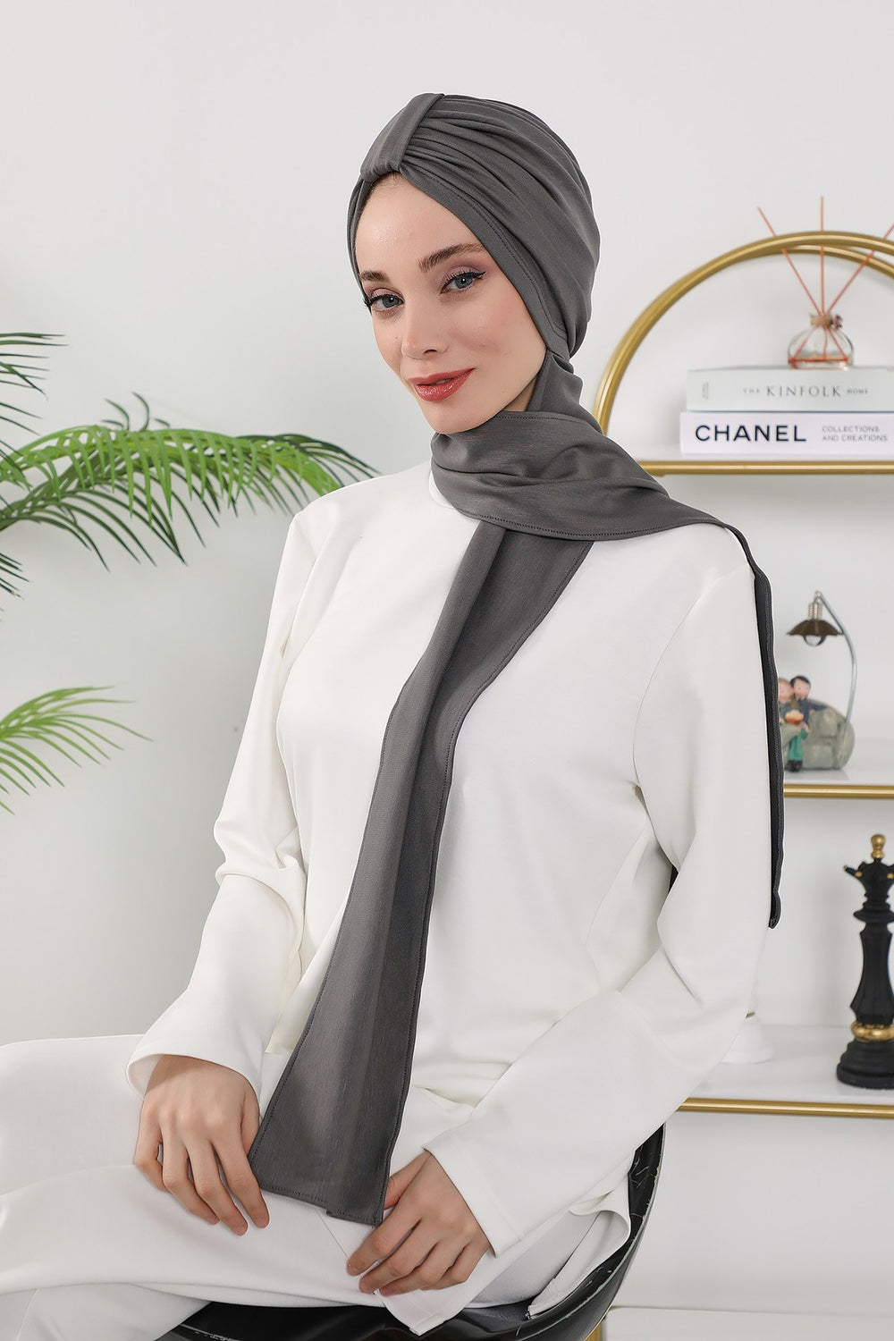 Instant Turban Hijab with Long Scarf, Stretchy Soft Fabric Headwrap for Women, One Size All Season Modest Head Cover,B-80O Anthracite