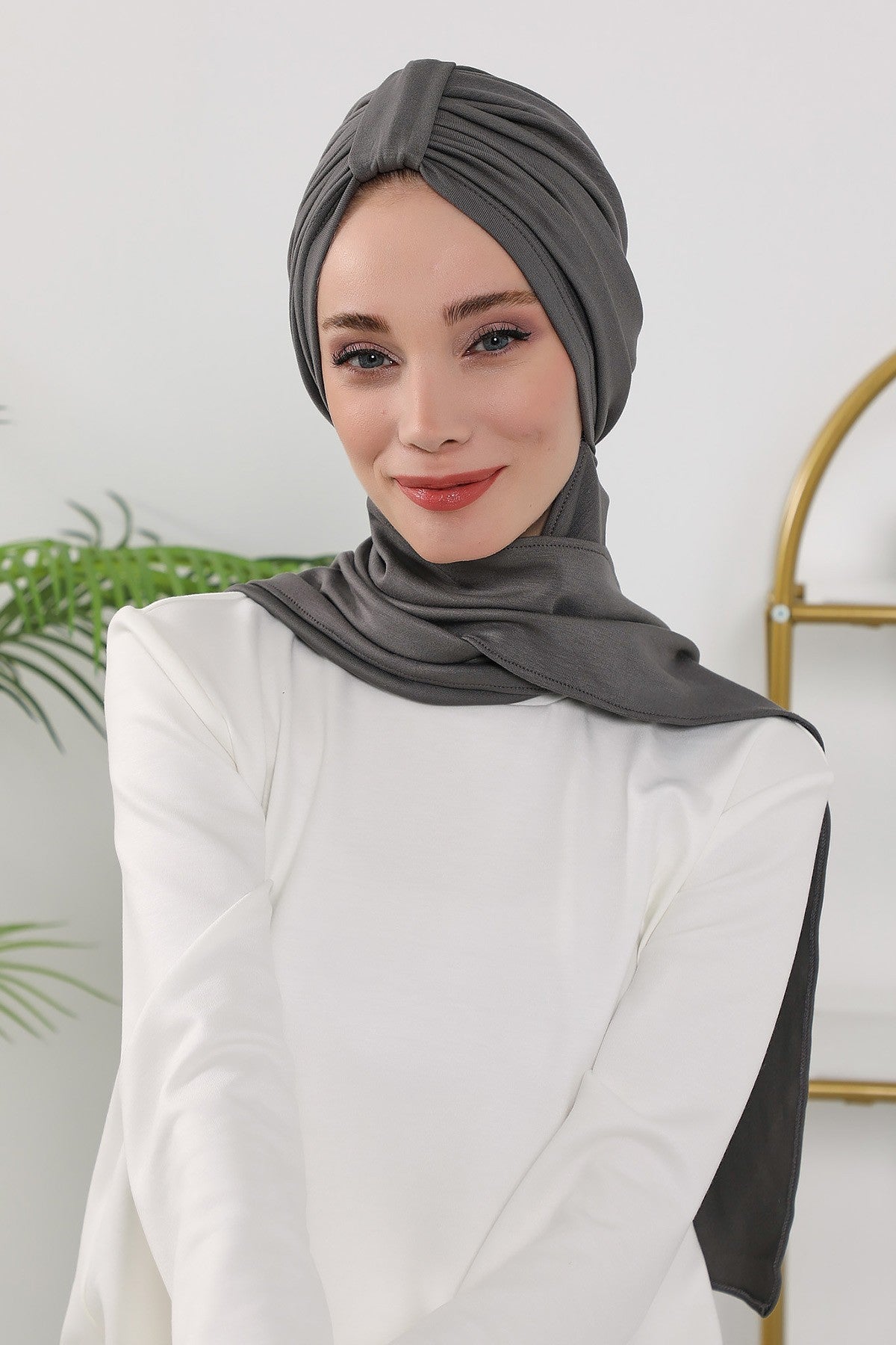 Instant Turban Hijab with Long Scarf, Stretchy Soft Fabric Headwrap for Women, One Size All Season Modest Head Cover,B-80O Anthracite