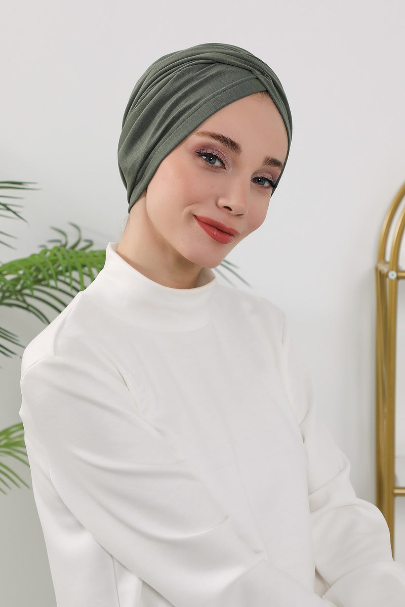 One Size Twist Front Bonnet Hijab, Soft Stretch Double Face Fabric Turban for Women, Modest All Seasons Underscarf Cap,B-9O
