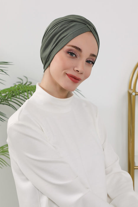 One Size Twist Front Bonnet Hijab, Soft Stretch Double Face Fabric Turban for Women, Modest All Seasons Underscarf Cap,B-9O