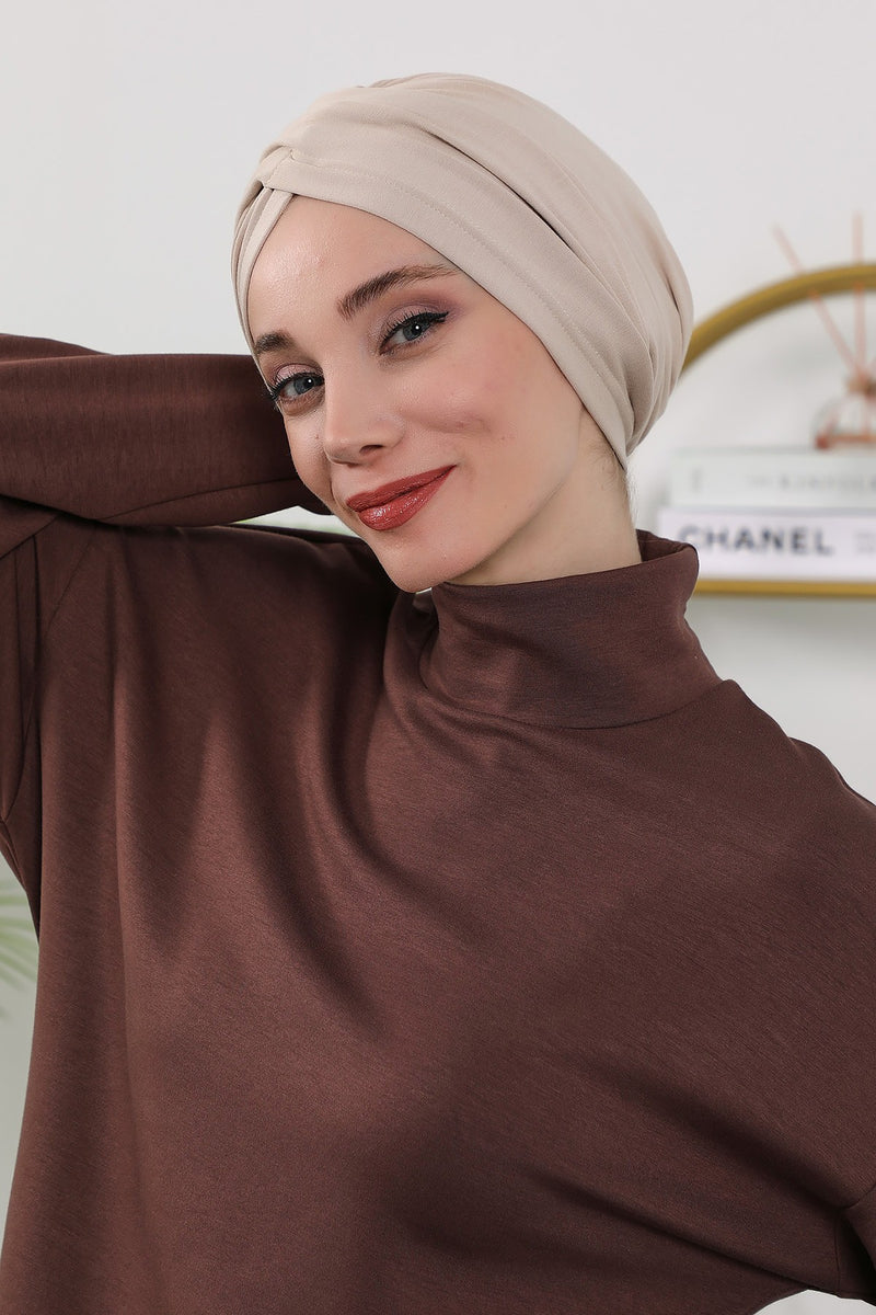 One Size Twist Front Bonnet Hijab, Soft Stretch Double Face Fabric Turban for Women, Modest All Seasons Underscarf Cap,B-9O