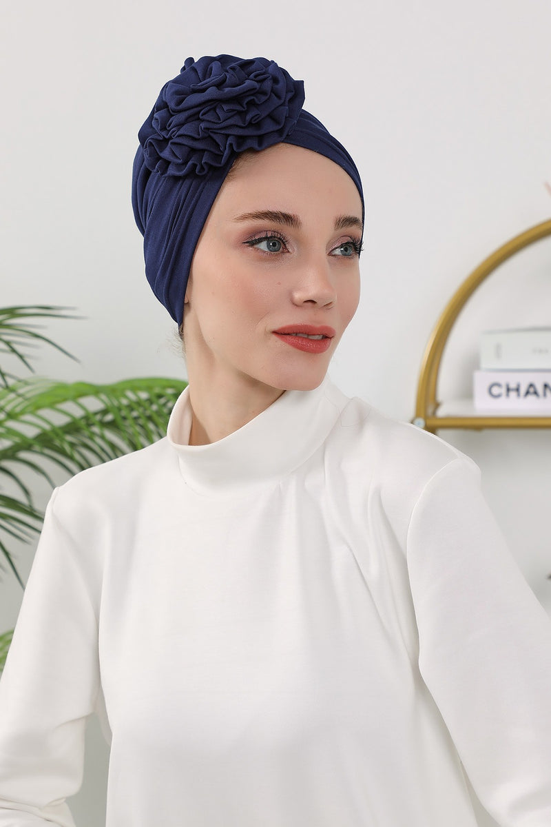 Floral Design Instant Turban Hijab for All Seasons, Ready to Wear Headscarf with Rose Accent, Soft Stretchy Fabric, Comfortable One Size Head Cover for Women,B-21O