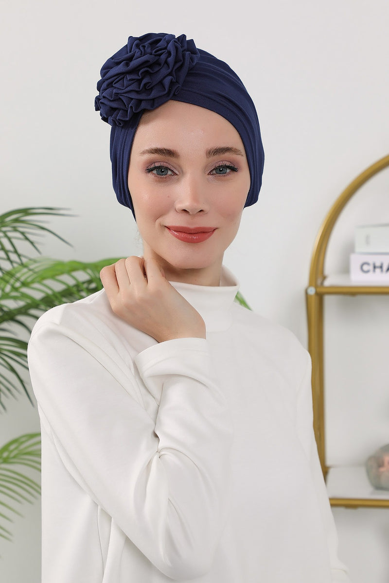 Floral Design Instant Turban Hijab for All Seasons, Ready to Wear Headscarf with Rose Accent, Soft Stretchy Fabric, Comfortable One Size Head Cover for Women,B-21O