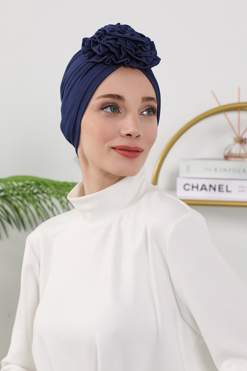 Floral Design Instant Turban Hijab for All Seasons, Ready to Wear Headscarf with Rose Accent, Soft Stretchy Fabric, Comfortable One Size Head Cover for Women,B-21O