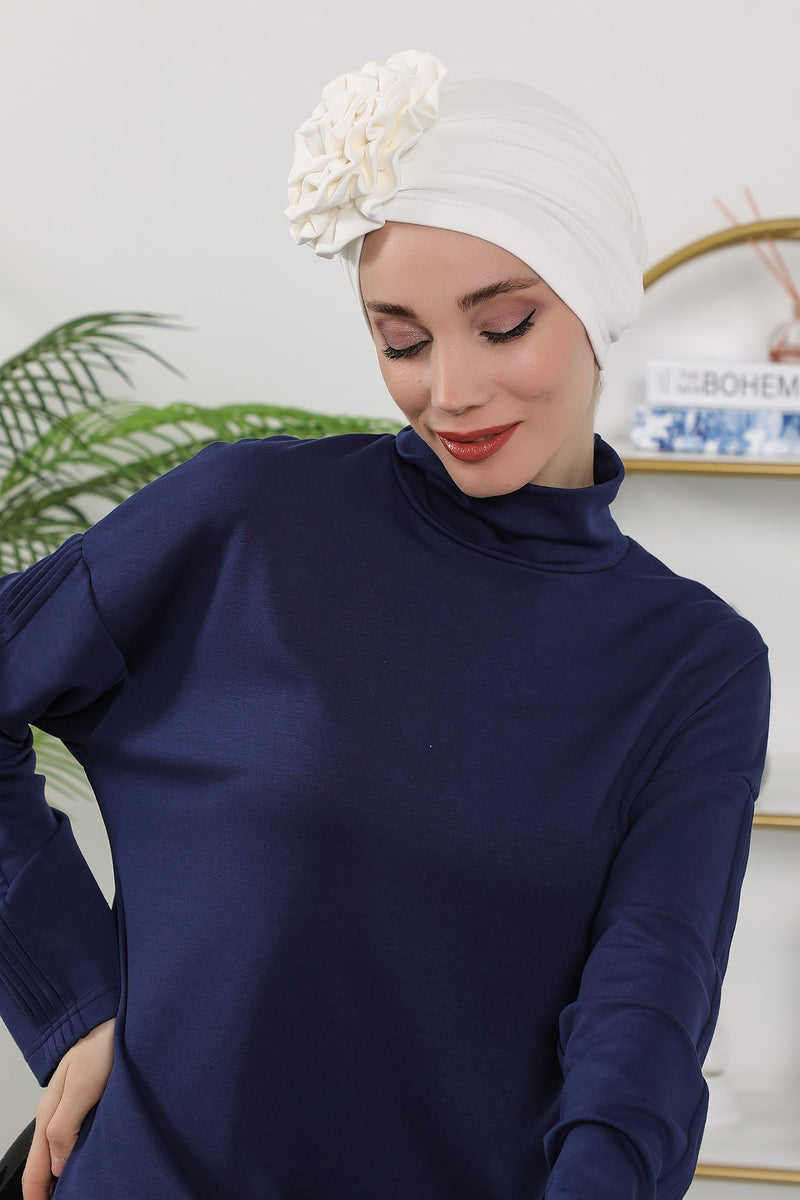 Floral Design Instant Turban Hijab for All Seasons, Ready to Wear Headscarf with Rose Accent, Soft Stretchy Fabric, Comfortable One Size Head Cover for Women,B-21O